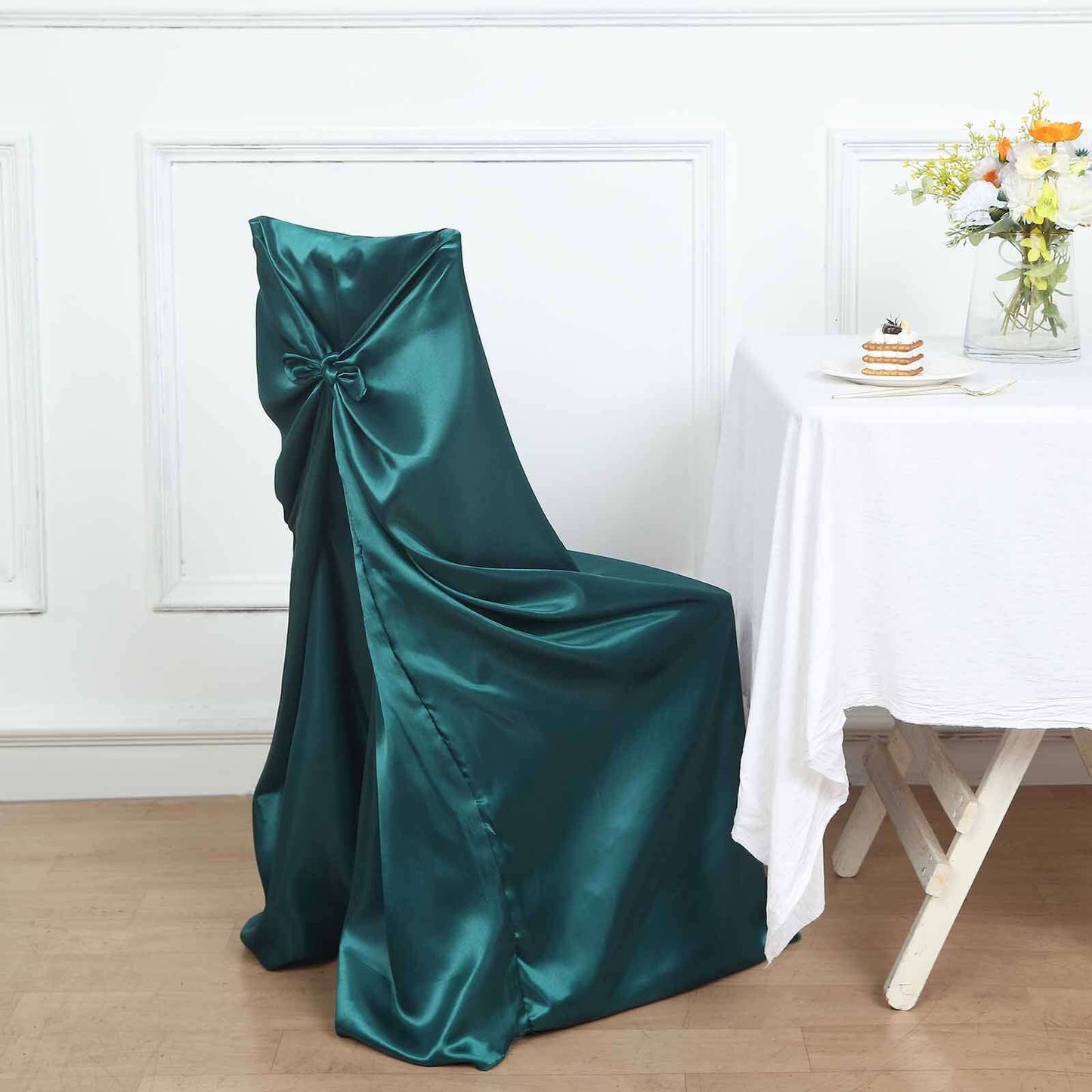Satin Chair Cover Self-Tie Universal Design Peacock Teal - Durable Slip-On Cover for Folding, Dining, Banquet & Standard Chairs