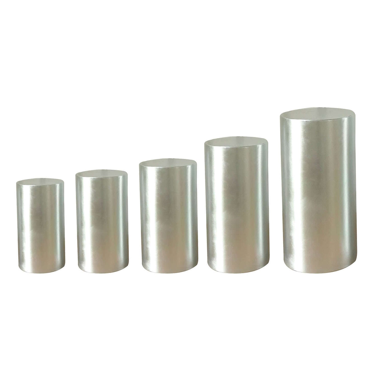 Set of 5 Metallic Silver Spandex Cylinder Pedestal Stand Covers, Shiny Stretchable Pillar Prop Covers - 130 GSM