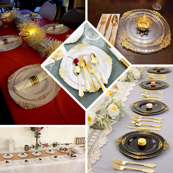 10-Pack Plastic 8" Round Dessert Plates in Transparent Black with Gold Leaf Embossed Rim - Disposable Vintage Baroque Style Salad Plates