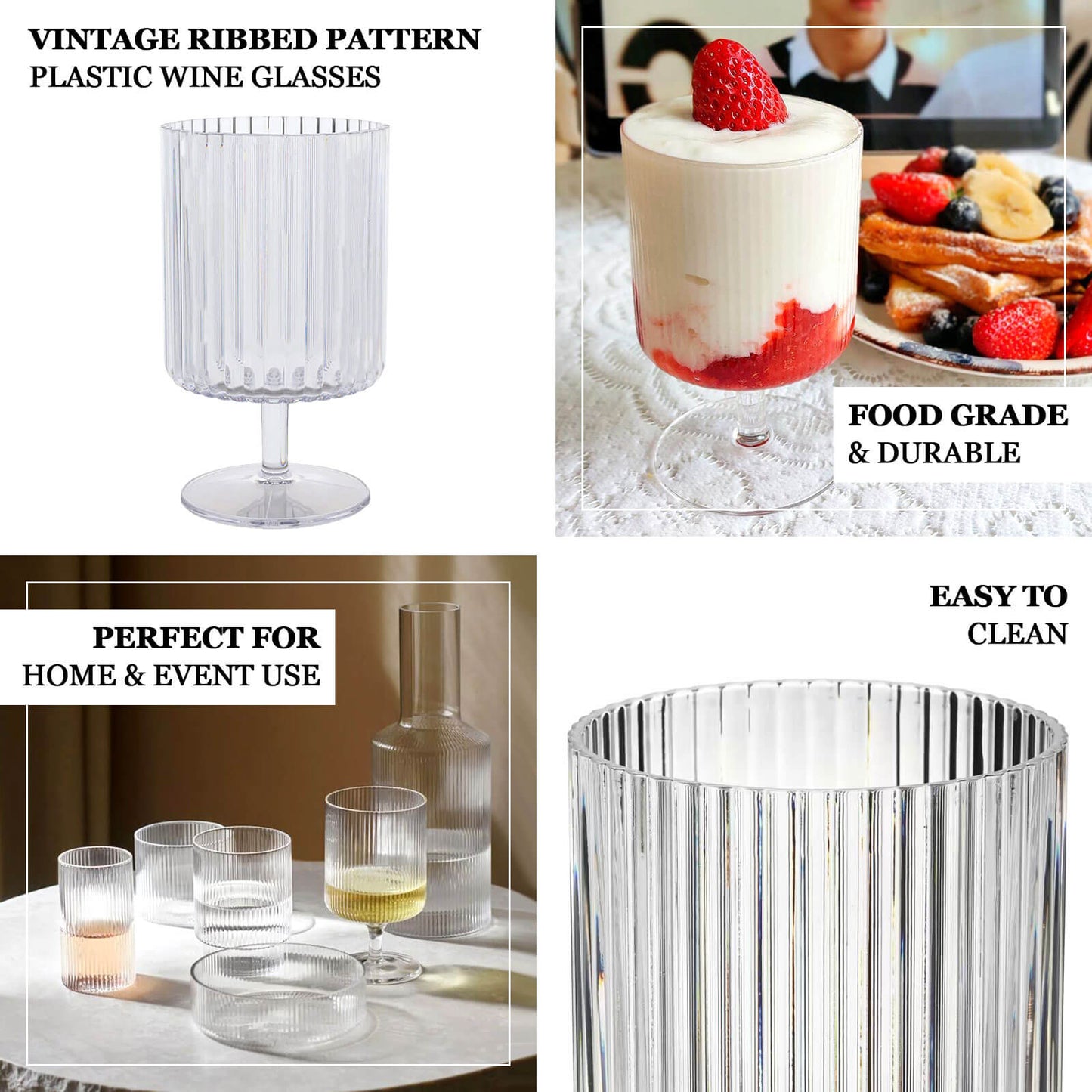 12-Pack Plastic Goblets Clear Vintage Ribbed Pattern Short Stem - Reusable Wine Glasses 12oz