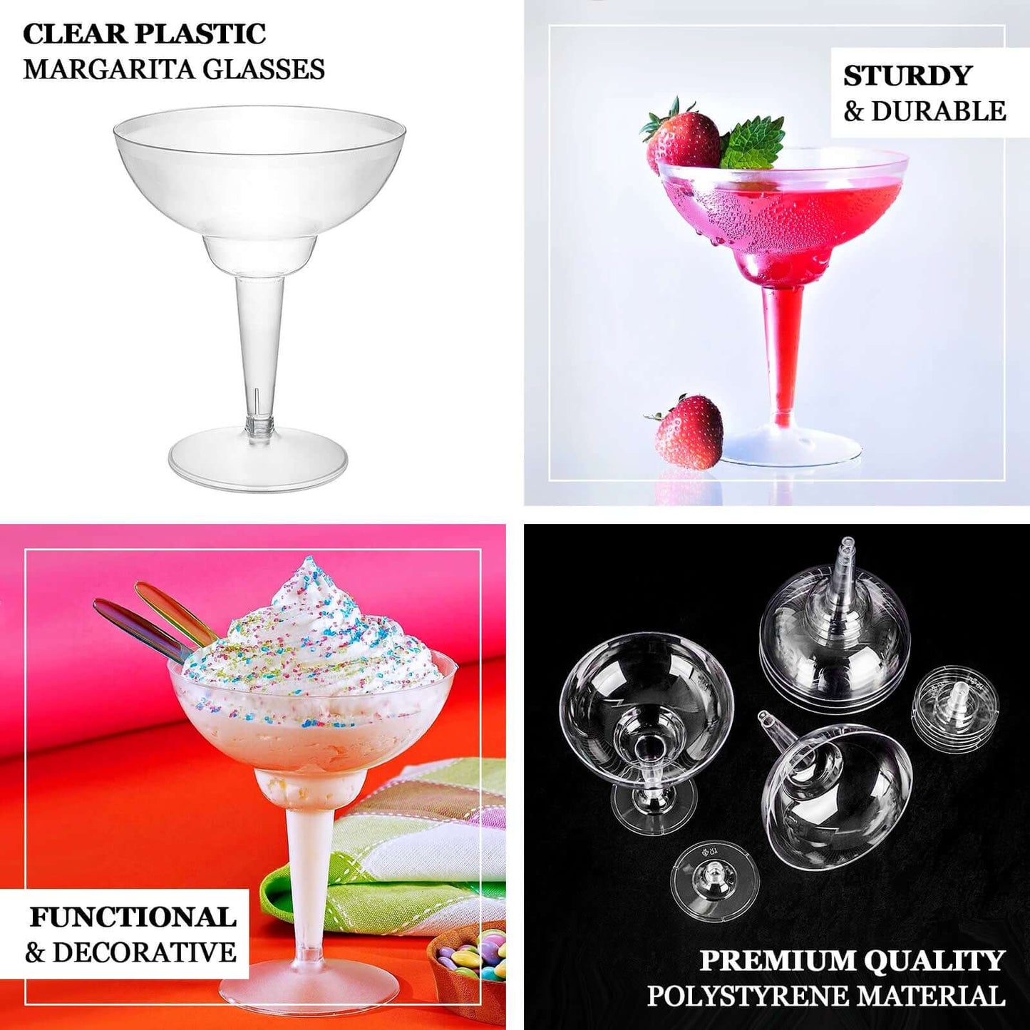 20-Pack Plastic Margarita Glasses Clear - Sturdy Disposable Glasses for Pina Coladas 10oz