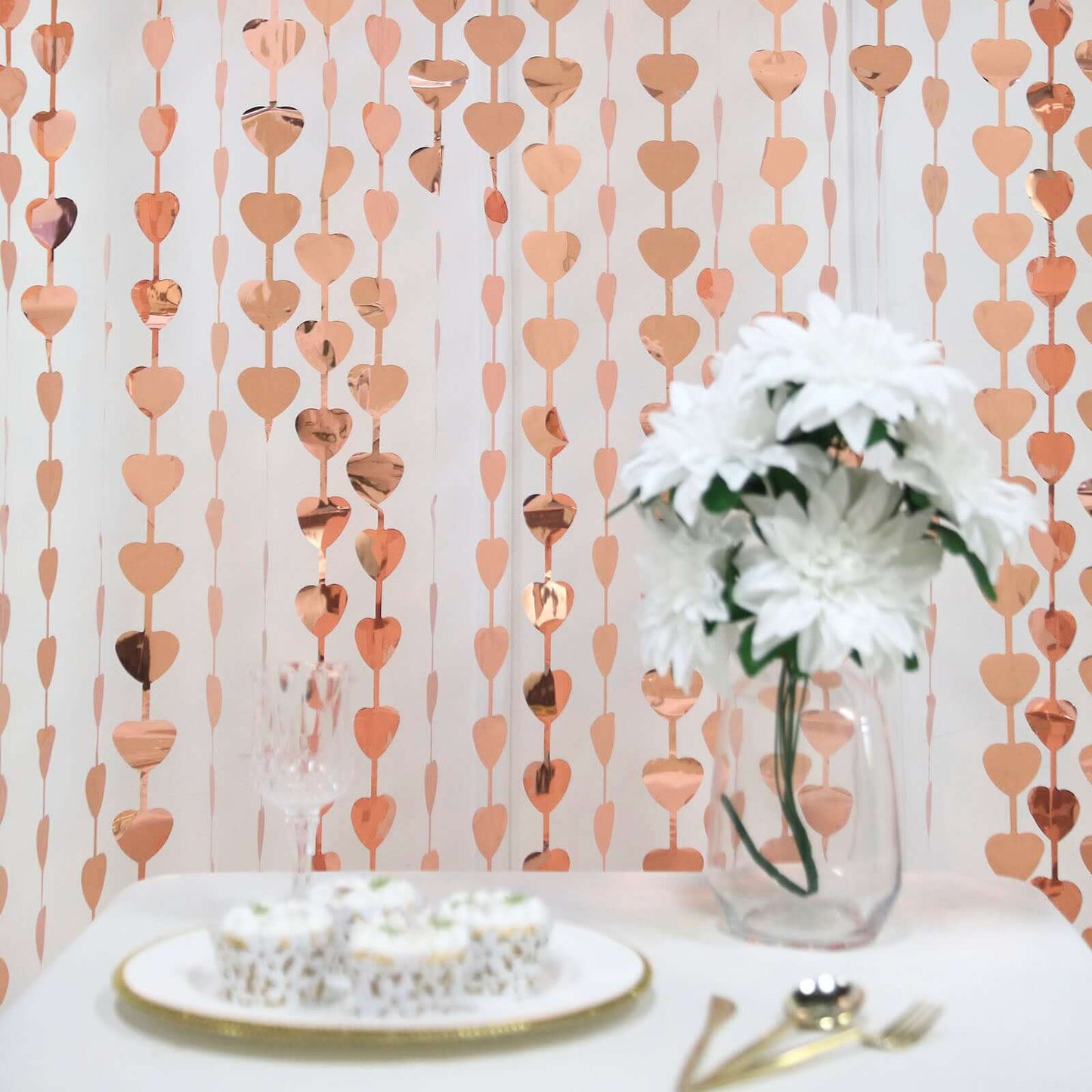Rose Gold Heart Chain Foil Fringe Curtain Party Backdrop, Metallic Rose Gold Tinsel Streamer Party Decor - Door Window Foil Curtain - 3ftx6.5ft