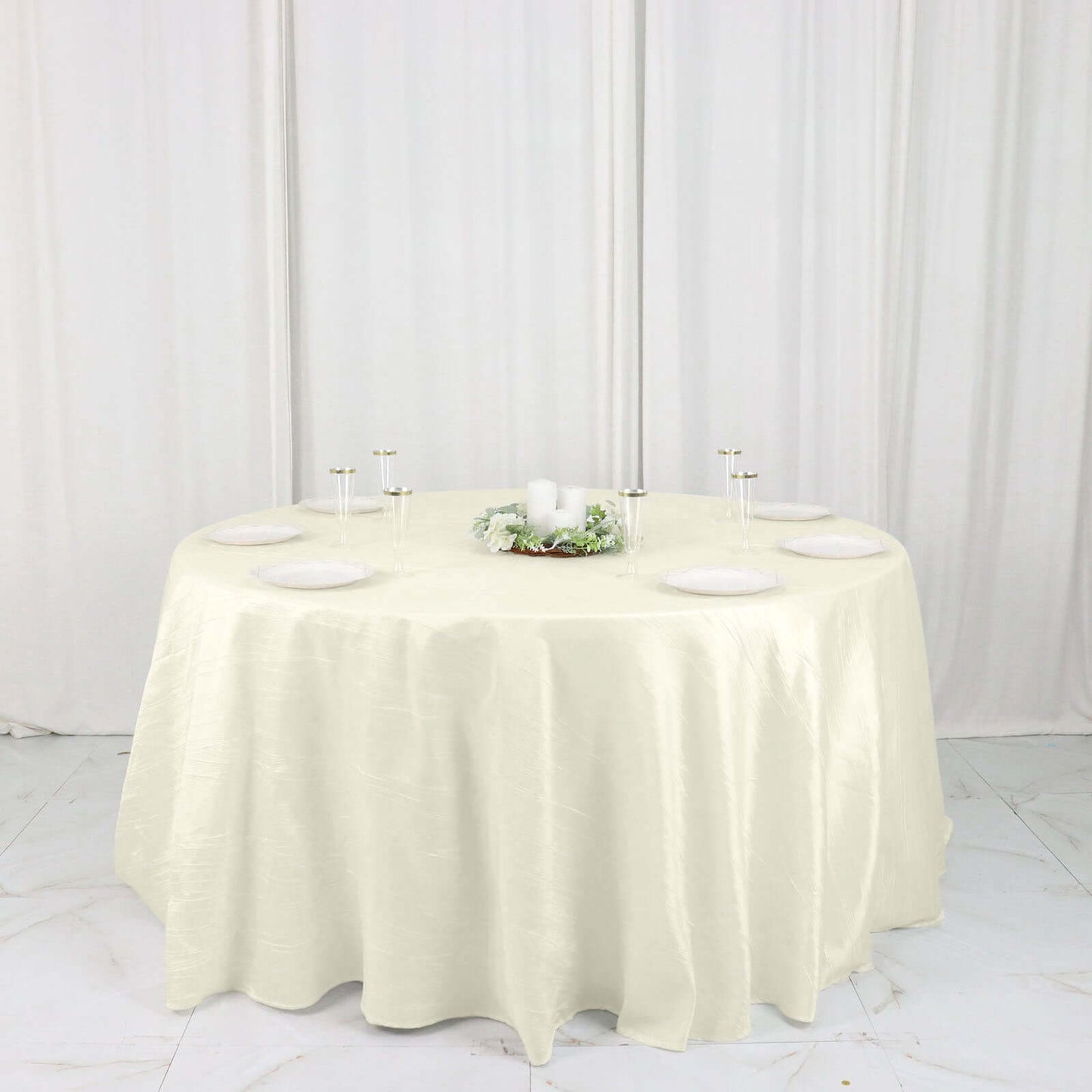 Taffeta 132" Round Tablecloth Ivory - Seamless Accordion Crinkle Table Cover