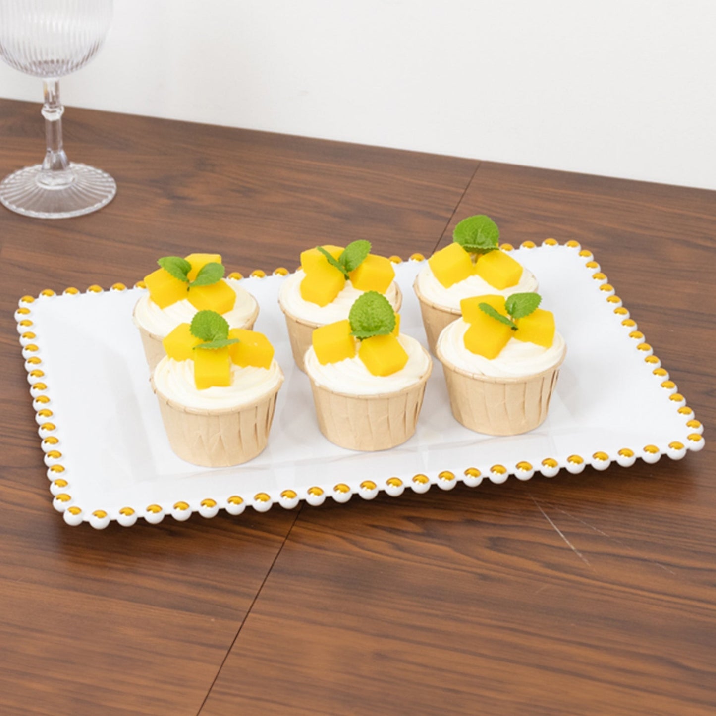 6-Pack Rectangular Acrylic Serving Trays White with Gold Beaded Rim - Food and Dessert Platters 9"x13"