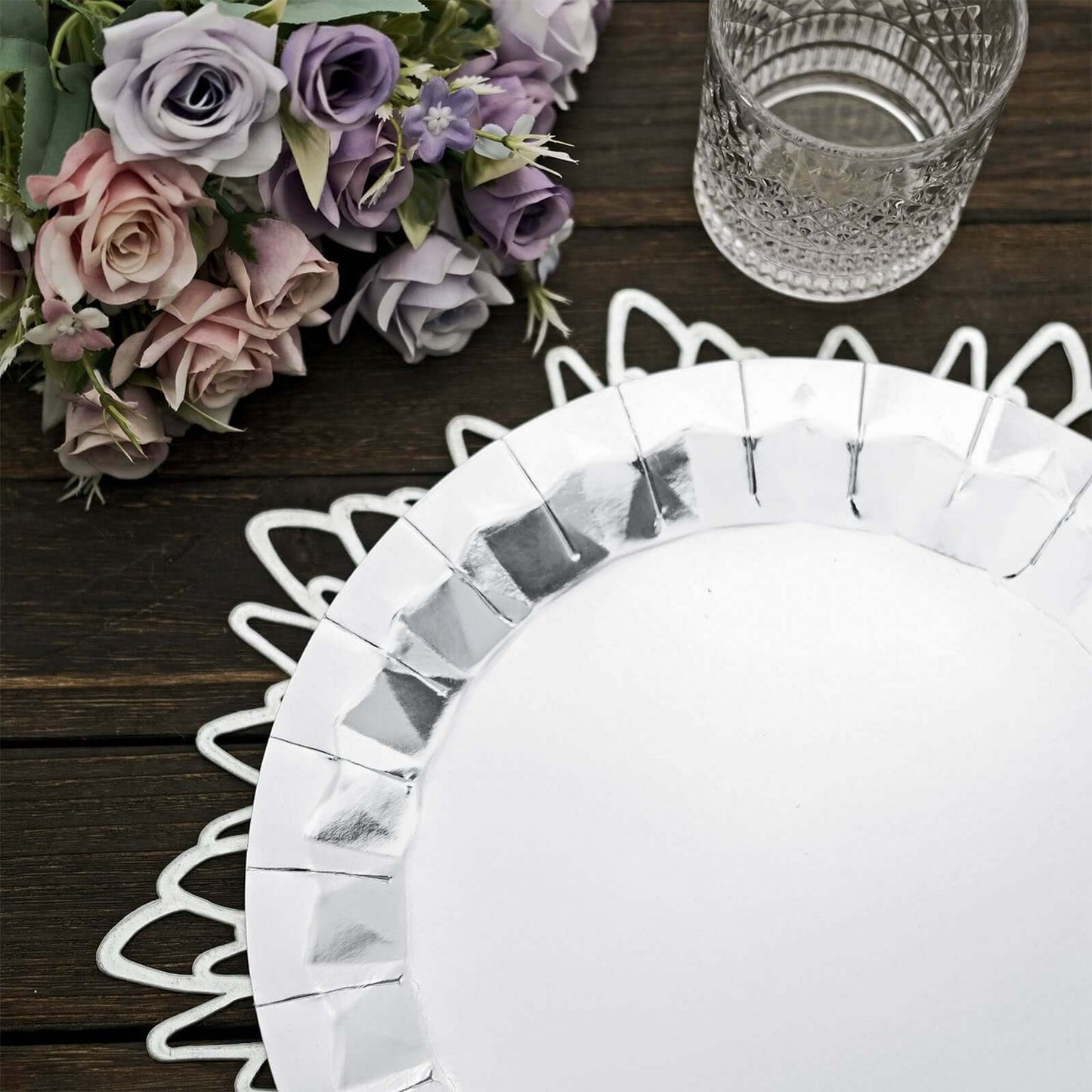 25-Pack Paper 12" Round Charger Plates in Metallic Silver with Geometric Prism Design - Disposable 400GSM Serving Trays