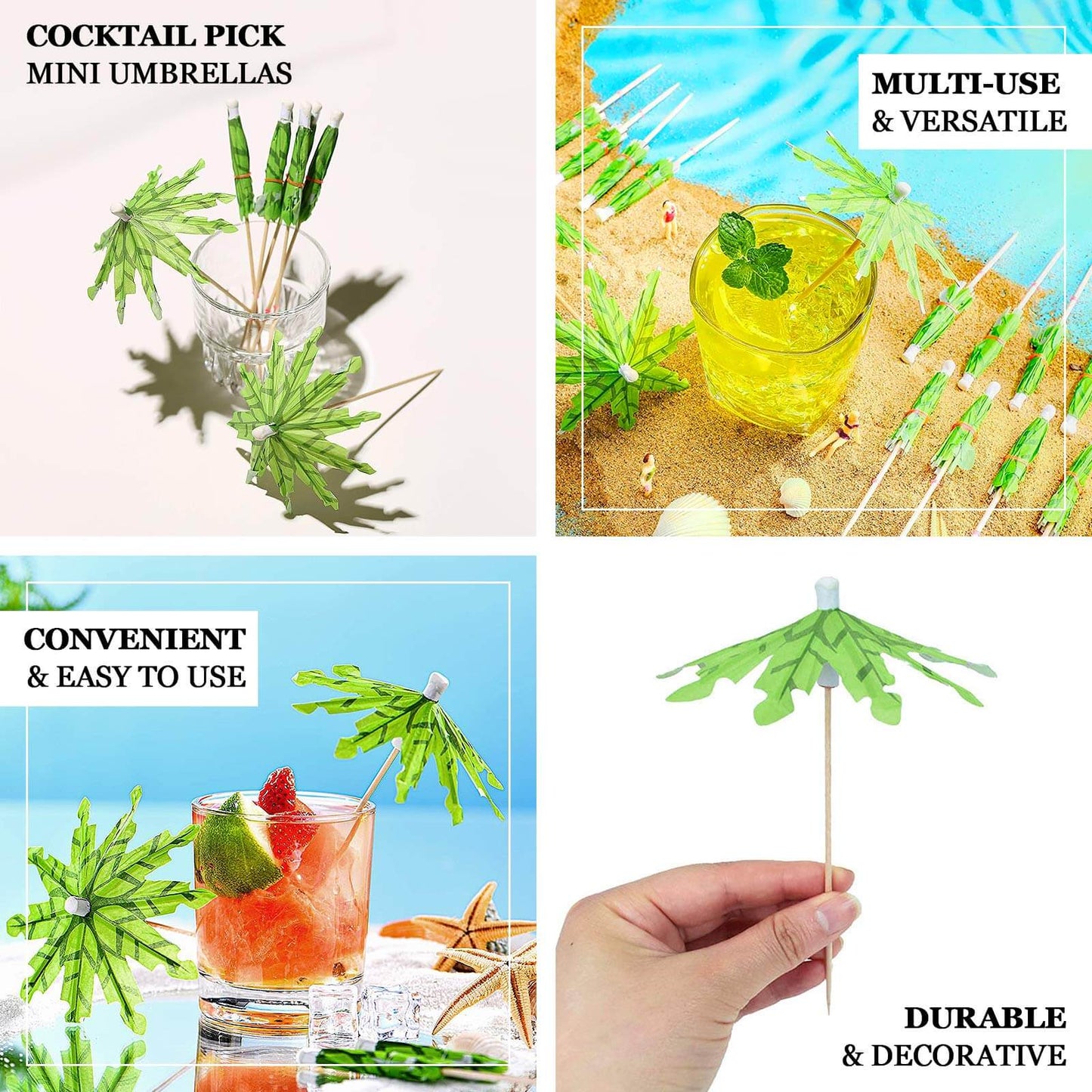 50-Pack Bamboo Cocktail Picks Tropical Leaf Parasol Design Green - Eco Friendly Disposable Drink Stick 6"