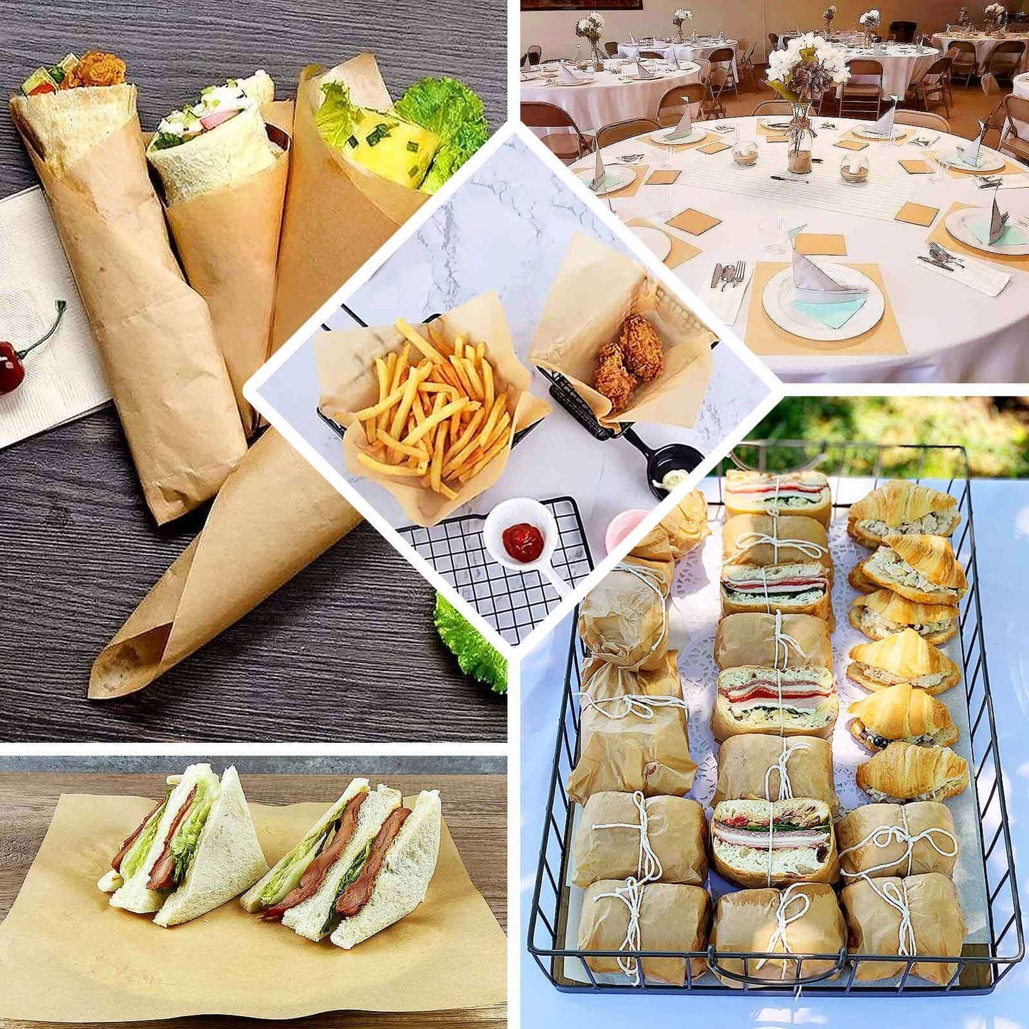 50-Pack Wax Paper Basket Liners Square Design Natural Brown - Perfect for Sandwiches and Food Wrapping 12" 40GSM