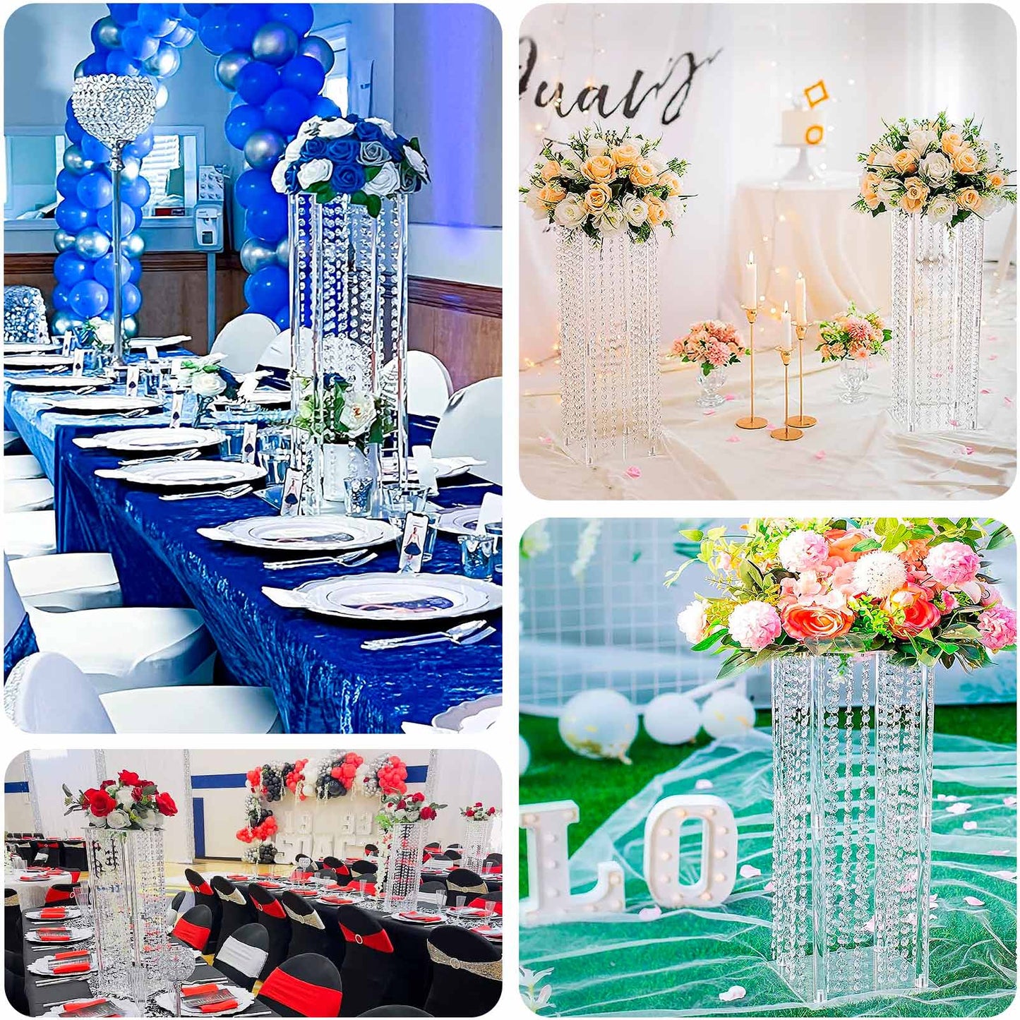 Acrylic Flower Pedestal Vase Pillar Stand with Crystal Beads Clear - Durable Wedding Table Centerpiece 24"