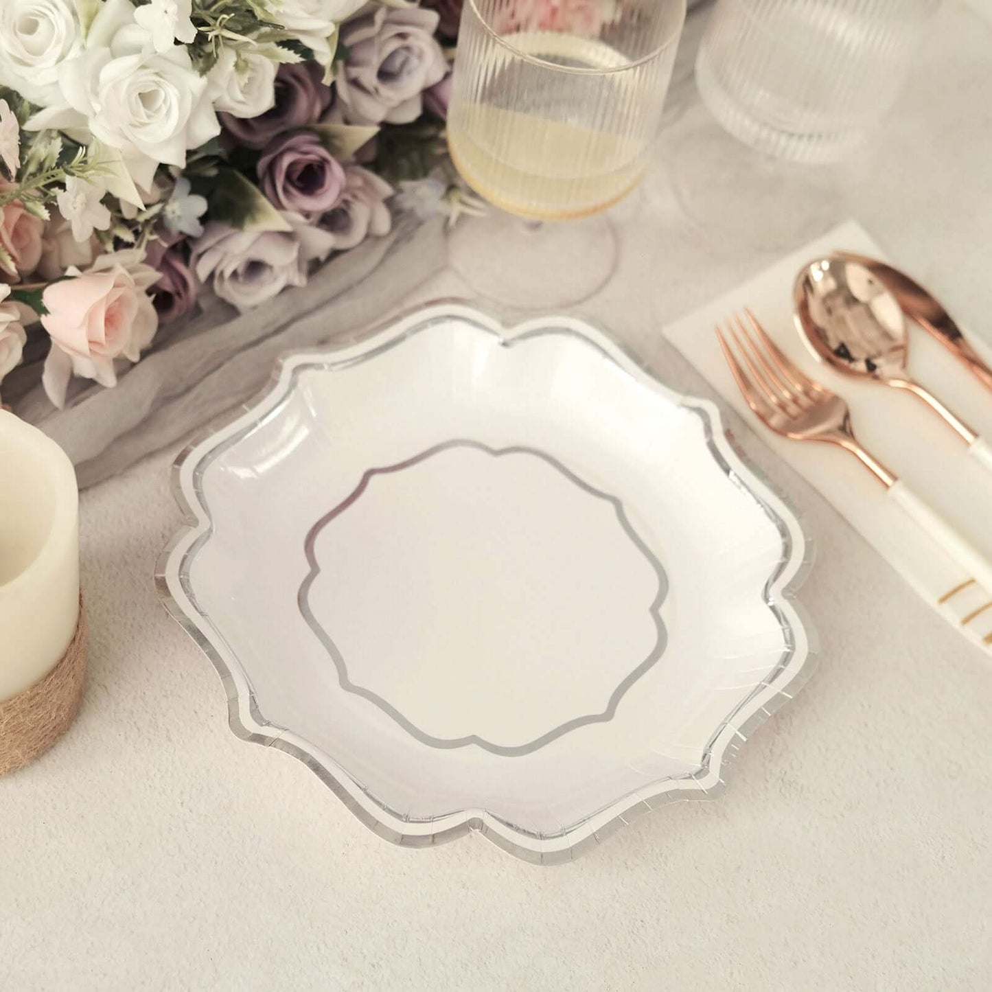 25-Pack Paper Dessert Plates in White with Silver Scallop Rim - Disposable 300GSM Appetizer Salad Plates 8"