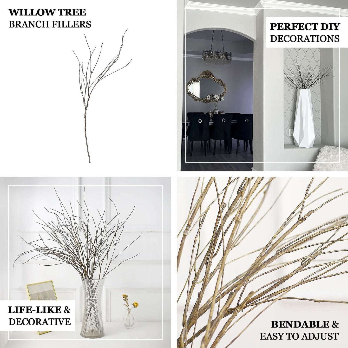 10-Pack Faux Willow Tree Branch Decor - Long Flexible Artificial Twig Stems for DIY Crafts Floral Bouquets & Event Decorations 37"