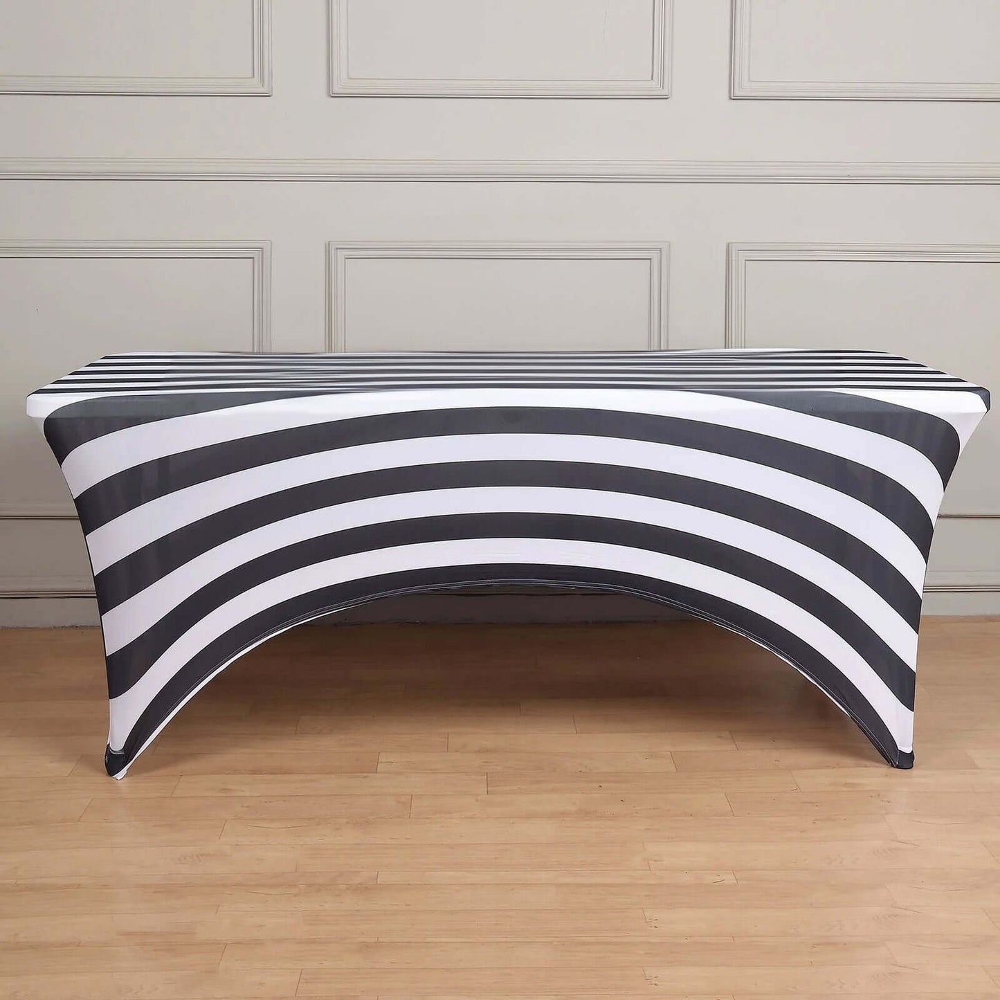 Stretch Spandex 8ft Rectangle Tablecloth Black/White Vertical Stripes - Durable Form-Fitting Tablecloth for Events & Presentations