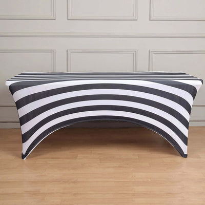 Stretch Spandex 8ft Rectangle Tablecloth Black/White Vertical Stripes - Durable Form-Fitting Tablecloth for Events & Presentations