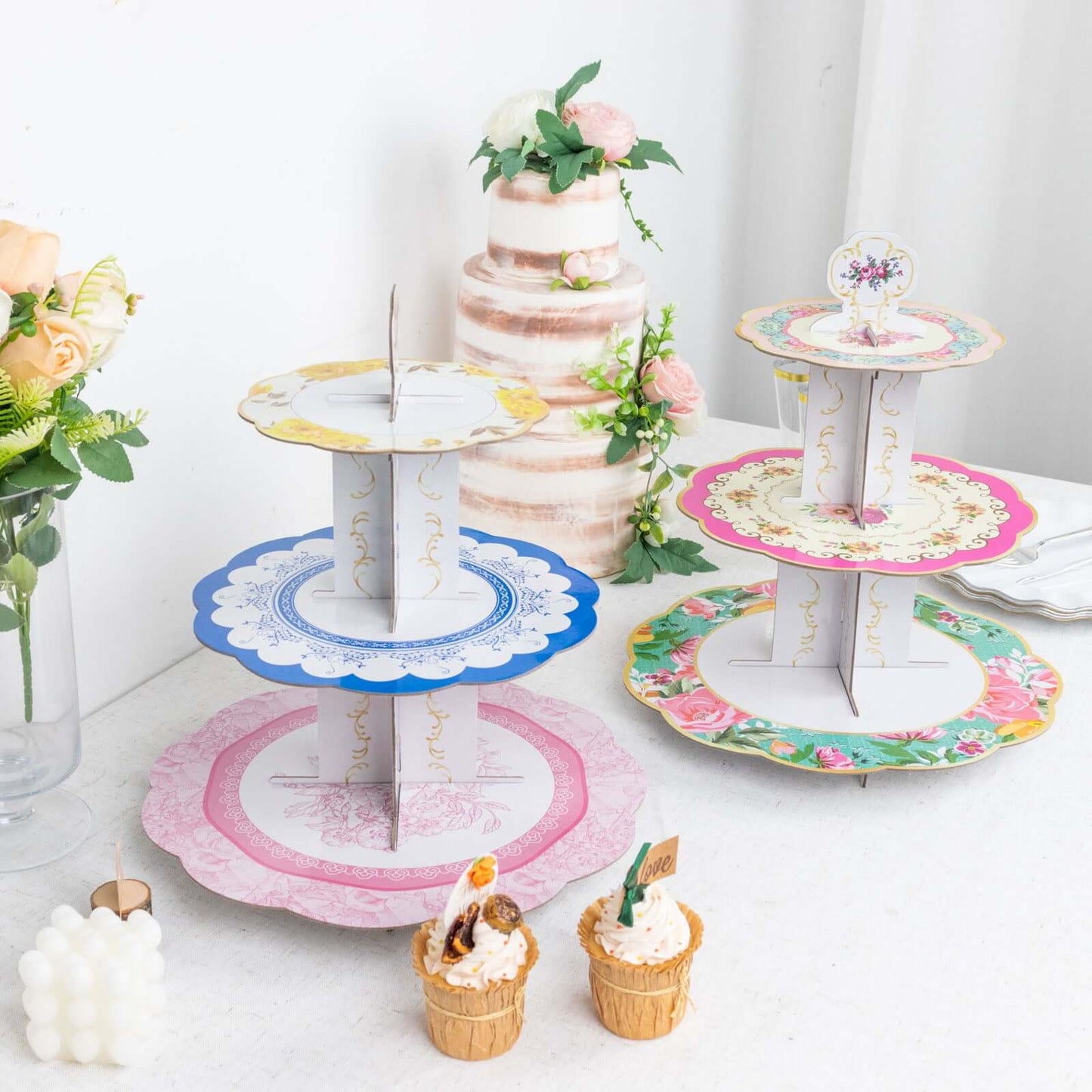 2-Pack Cardboard Round Cupcake Stand Assorted Floral Design - 3-Tier Reusable Dessert Display Pedestal With Scalloped Edges for Garden-Themed Celebrations 14"