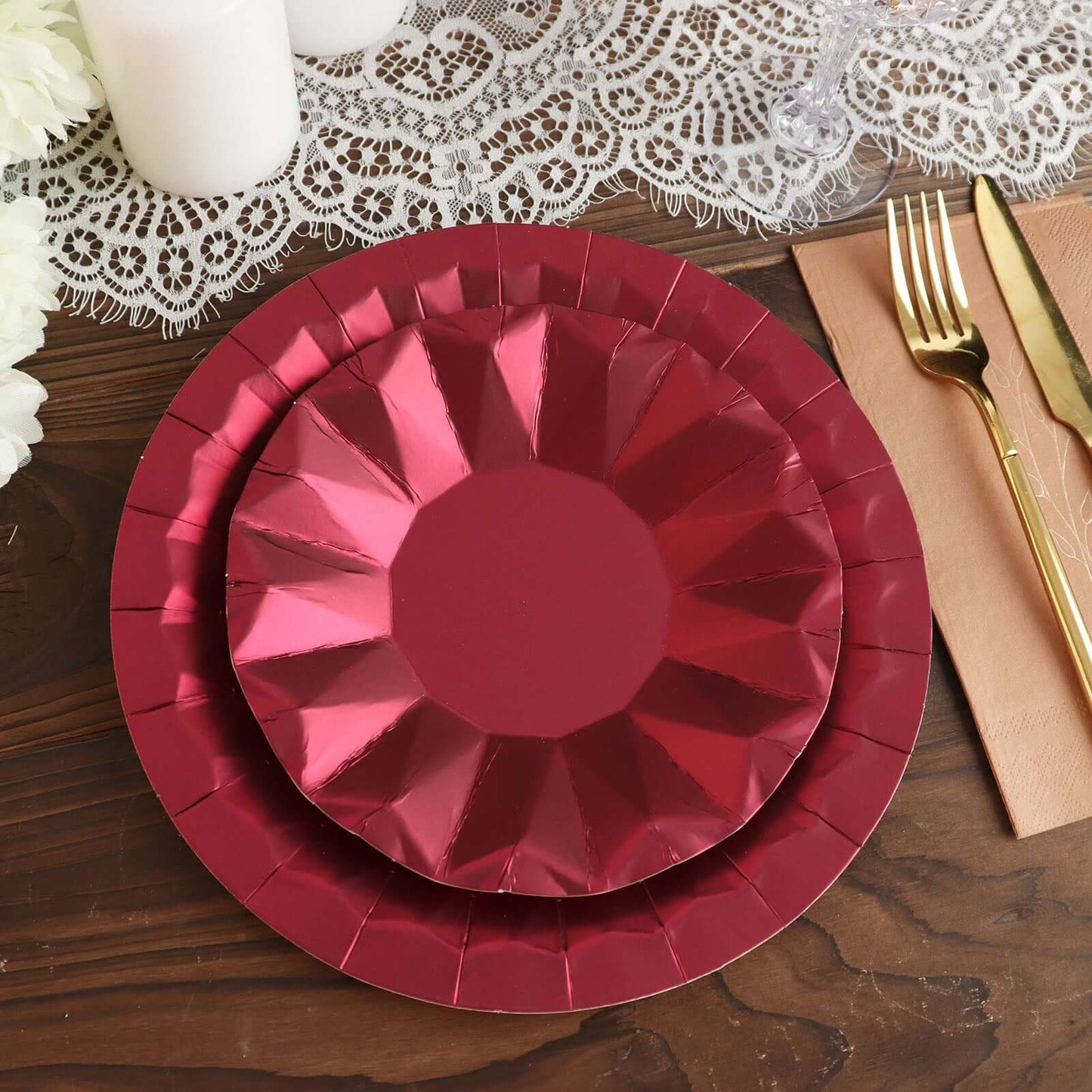 25-Pack Paper 7" Round Dessert Plates in Burgundy with Geometric Prism Rim - Disposable 400GSM Appetizer Salad Plates