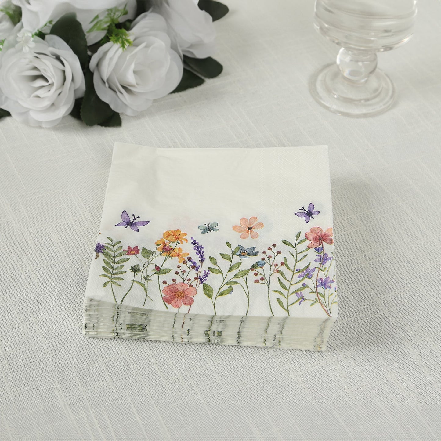 50-Pack Paper Cocktail Napkins with Wildflower Butterfly Design - Disposable 2 Ply Beverage Napkins for Parties 6.5"x6.5"