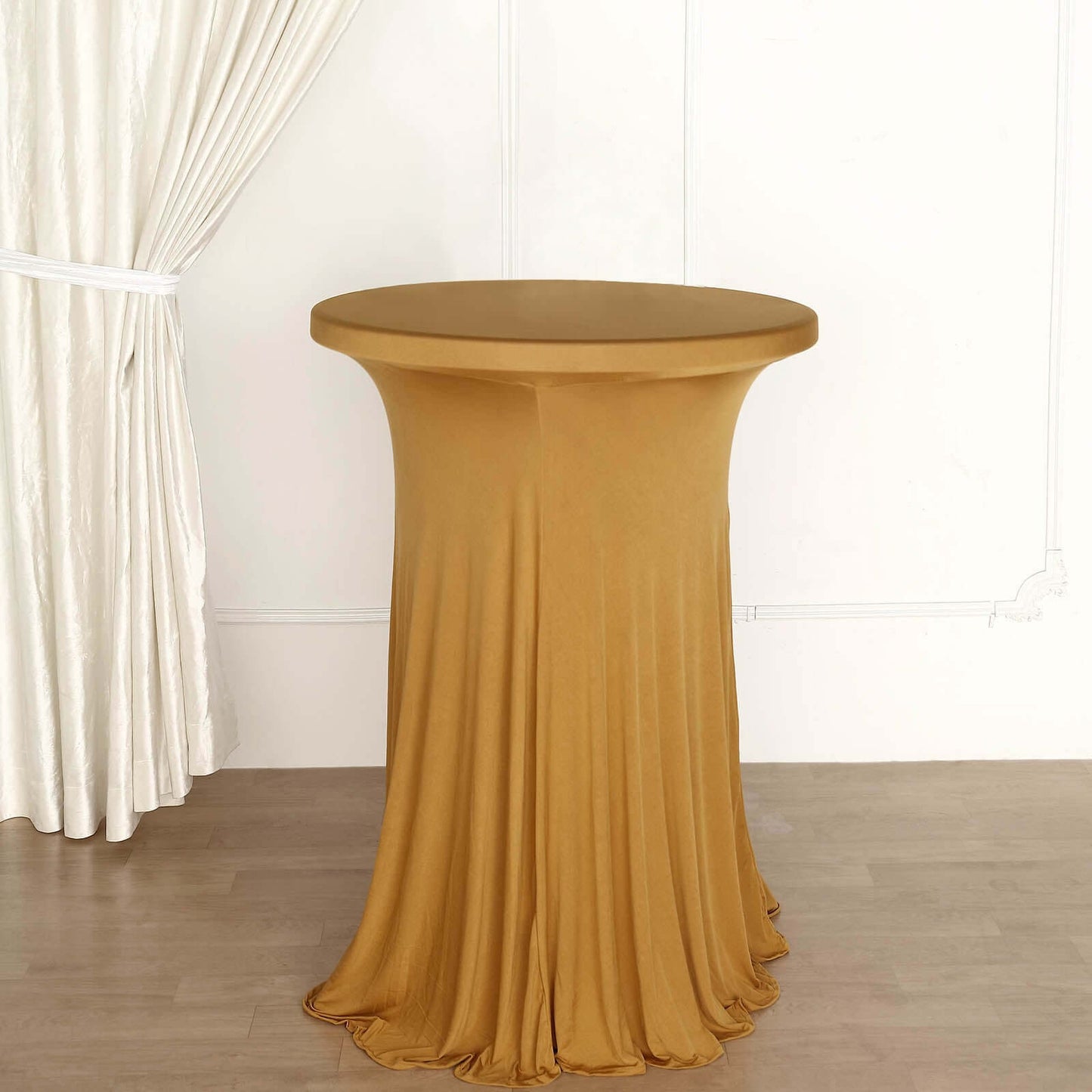 Spandex 30" Round Cocktail Table Cover Skirt Gold With Natural Wavy Drapes