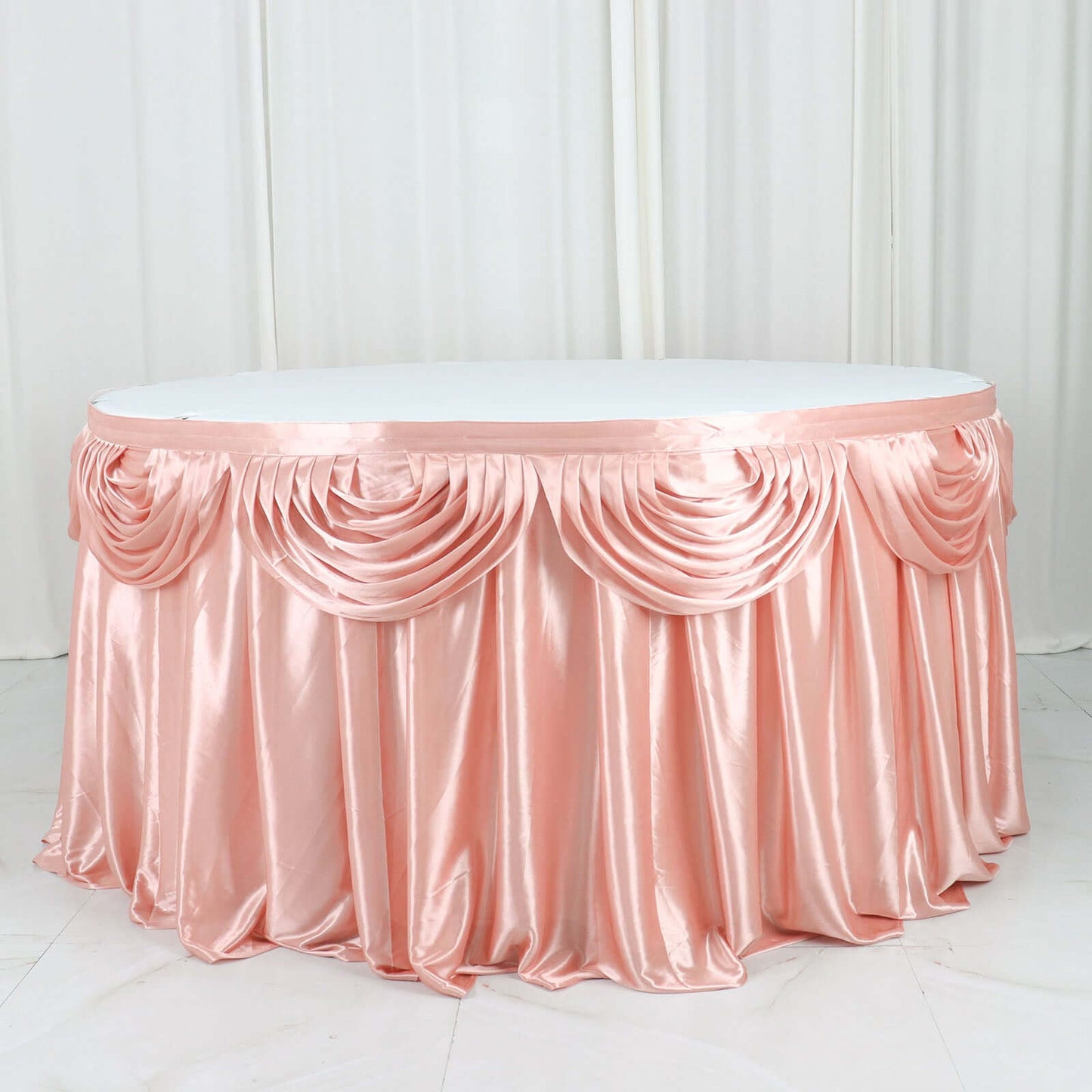 Satin 14ft Table Skirt Dusty Rose - Pleated Double Drape Table Cover
