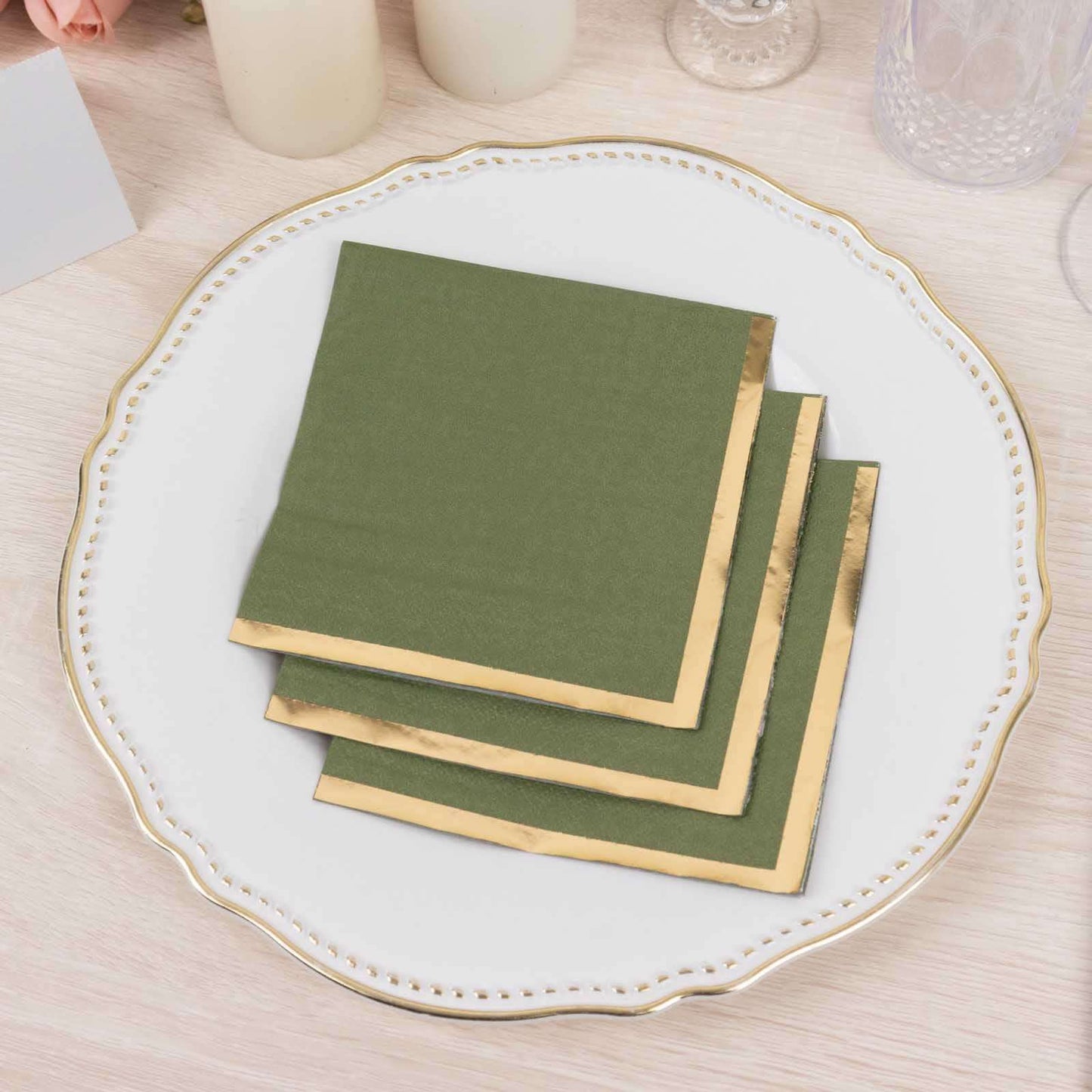 50-Pack Paper Beverage Napkins Dusty Sage Green with Gold Foil Edge - 2 Ply Disposable Soft 18GSM Cocktail Napkins 5"x5"