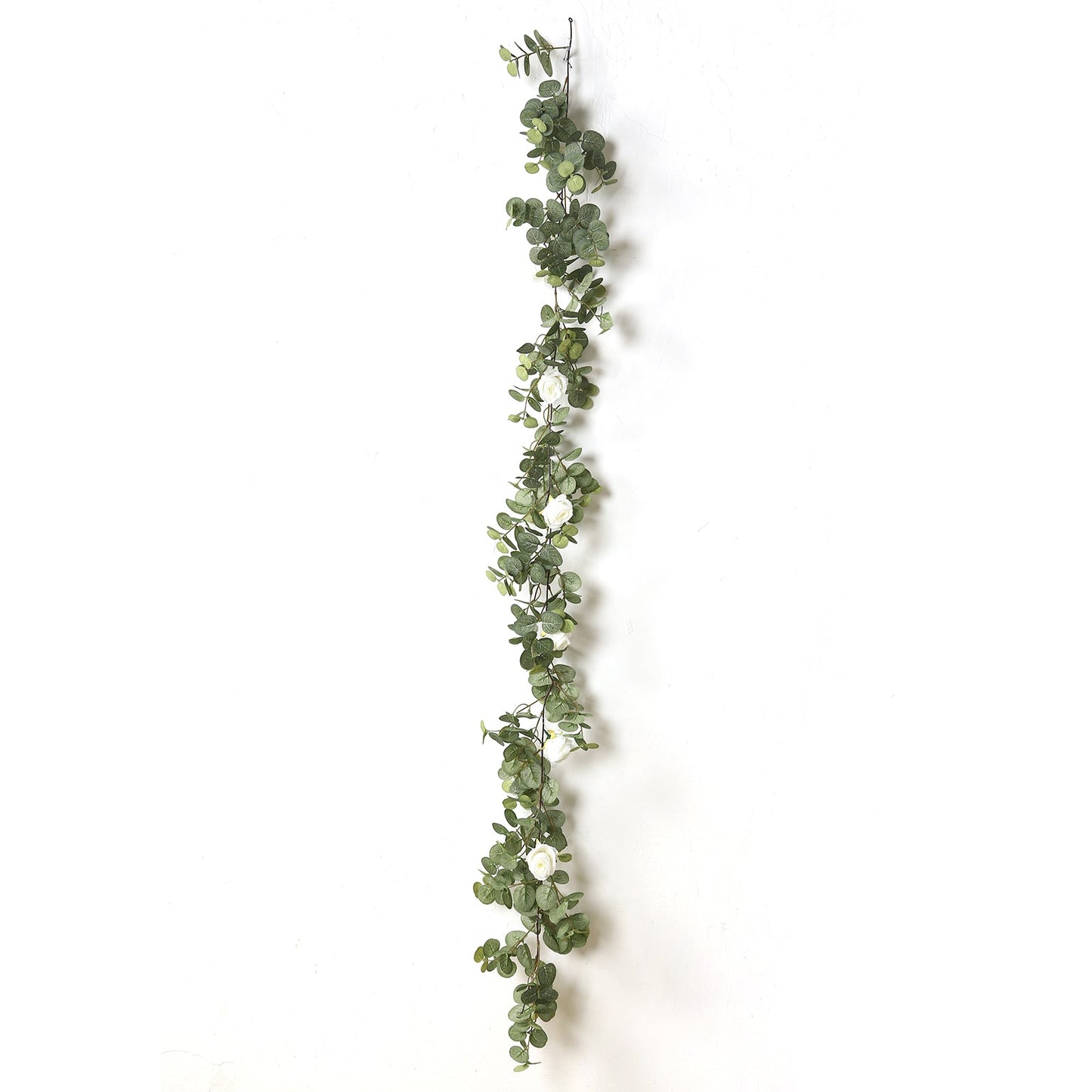 6ft Lighted Eucalyptus Garland with Ivory Roses & Battery-Operated Fairy Lights â€“ Faux Greenery Vine