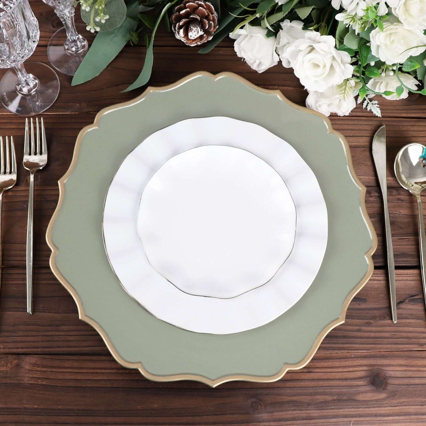 6-Pack Acrylic Round Charger Plates 13" in Dusty Sage Green with Gold Scalloped Rim, Decorative Dinner Party Plastic Charger Tableware