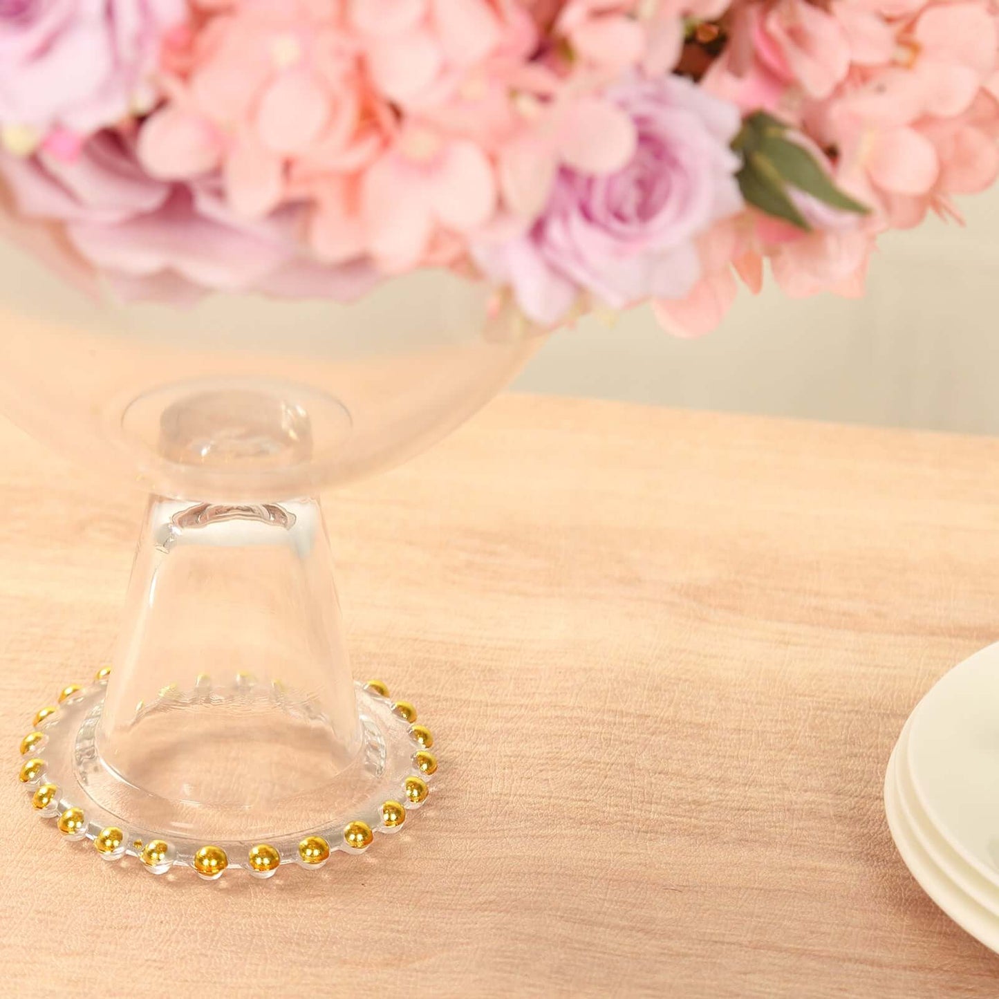 Compote Pedestal Bowl Glass Flower Vase Clear with Gold Beaded Rim - Footed Candy Trifle Bowl for Displays 8"