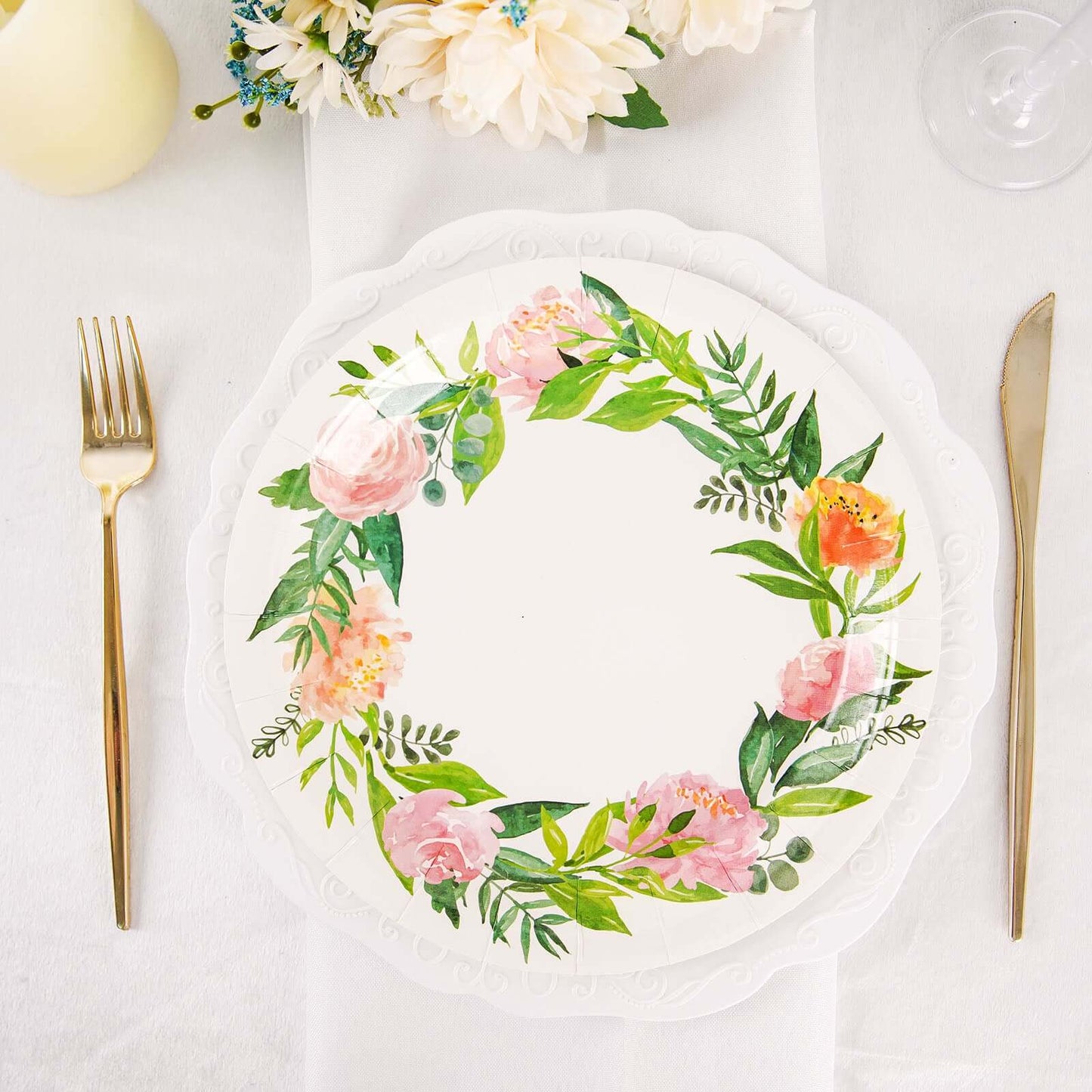 25-Pack Paper 9" Round Dinner Plates in White with Rose/Peony Flower Wreath - Disposable Party Plates for Bridal Showers & Garden Parties
