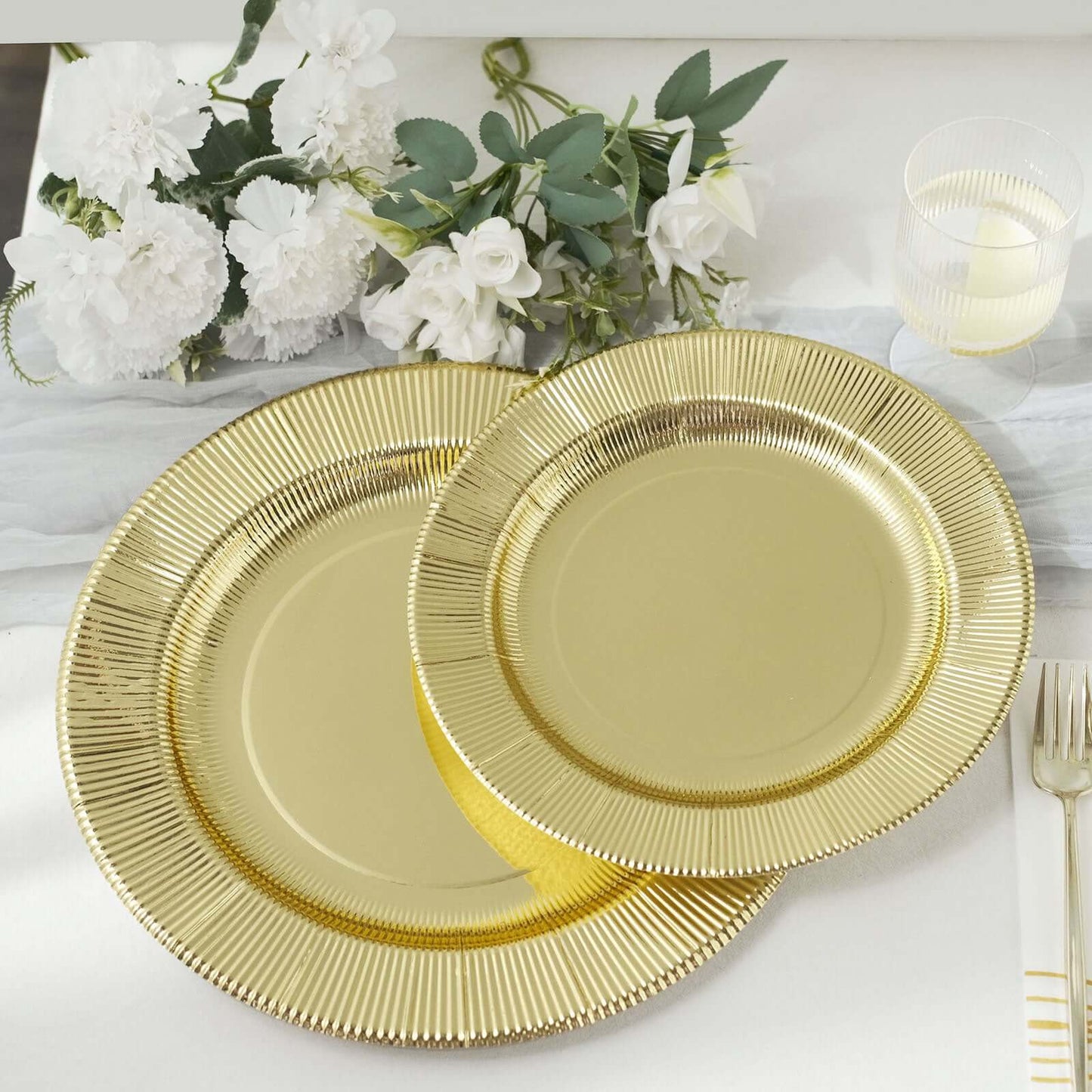 25-Pack Paper 10" Round Dinner Plates in Metallic Gold Sunray Design - Disposable Heavy Duty 350GSM Party Plates