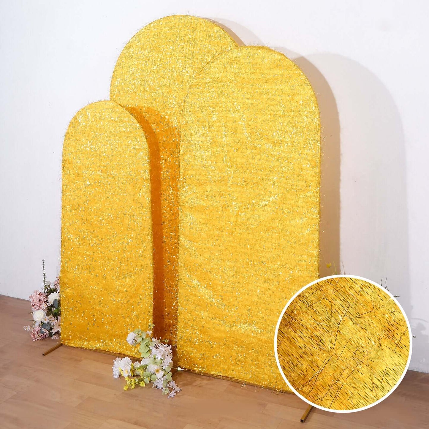Set of 3 Gold Metallic Fringe Chiara Wedding Arch Covers, Fitted Covers For Round Top Backdrop Stands - 5ft, 6ft, 7ft