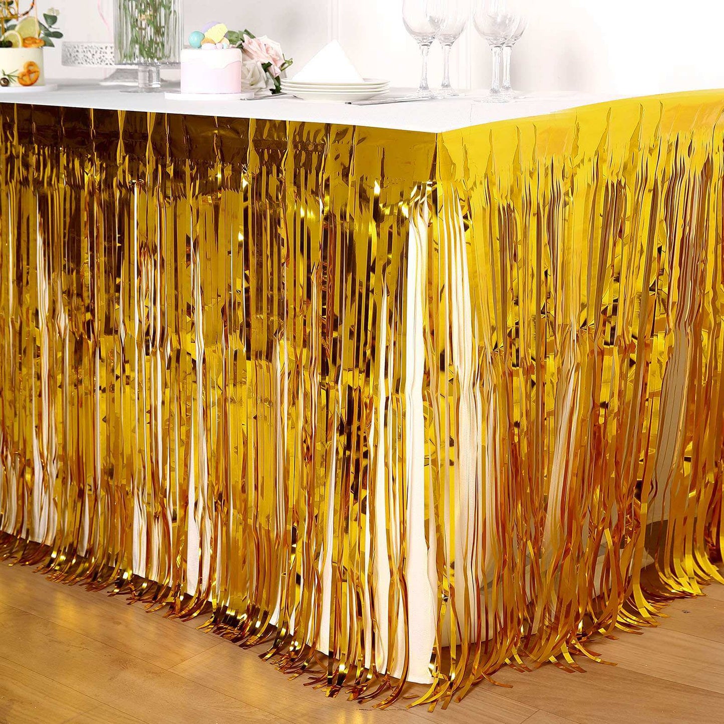 Metallic Foil Fringe Table Skirt Gold with Self Adhesive Backing - Durable Tinsel Skirt for Parties 30"x9ft