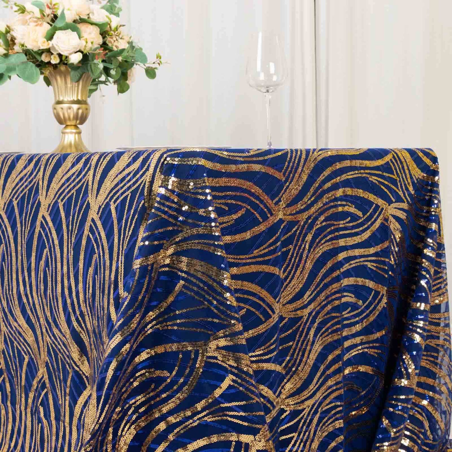 Mesh 90"x156" Rectangle Tablecloth Royal Blue/Gold - Wave Sequin Embroidered Table Cover