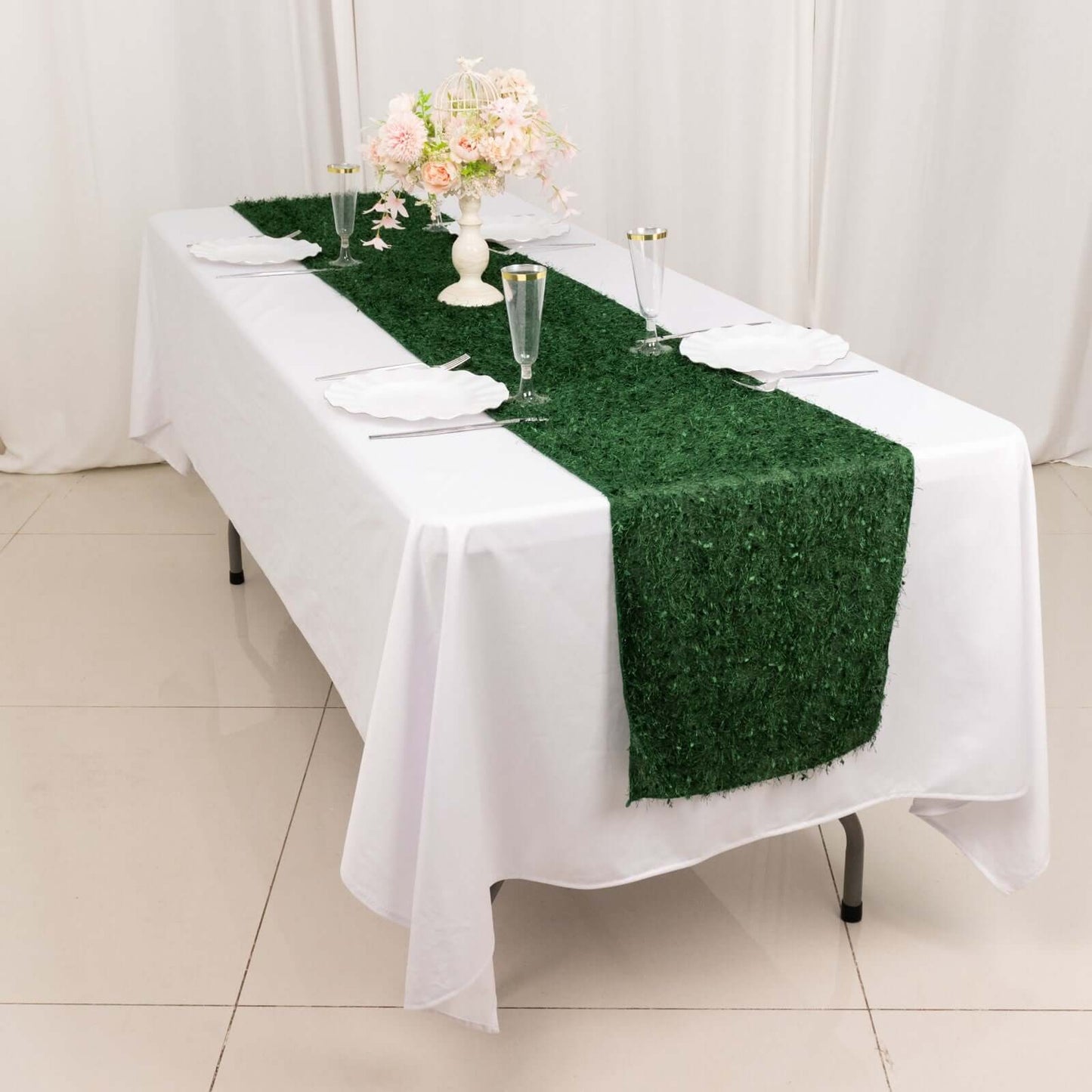 Polyester 12"x108" Table Runner Green - Fringe Shag Table Decor