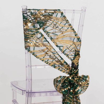 5 Pack Chair Sashes with Wave Embroidered Sequins Hunter Emerald Green/Gold 6"x88"