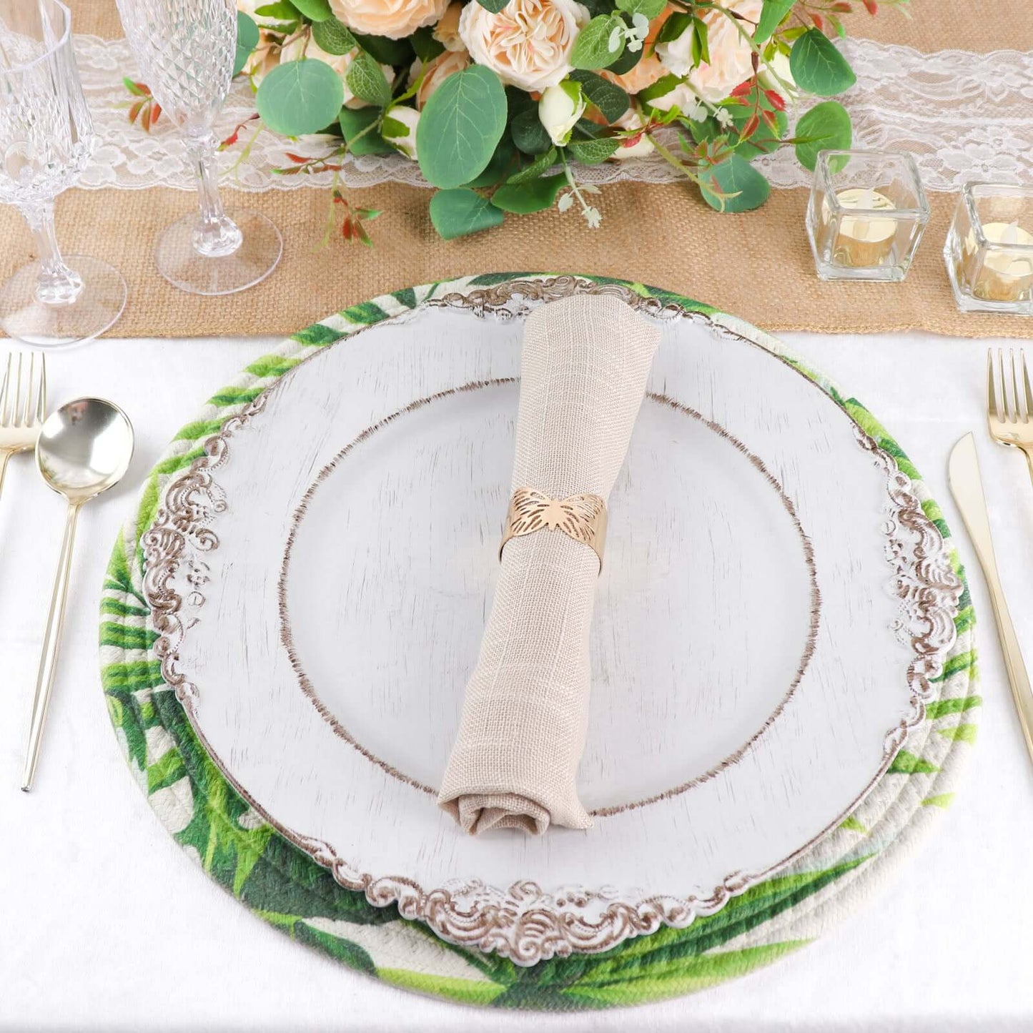 4-Pack Table Placemats Tropical Leaf Design Green Cotton Round - Woven Indoor/Outdoor Dining Mats 15"