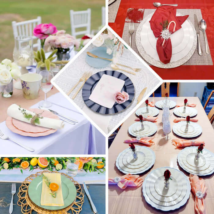 10-Pack Plastic 11" Round Dinner Plates in Hunter Emerald Green Ruffled Rim with Gold Edging - Sturdy Disposable Dinnerware