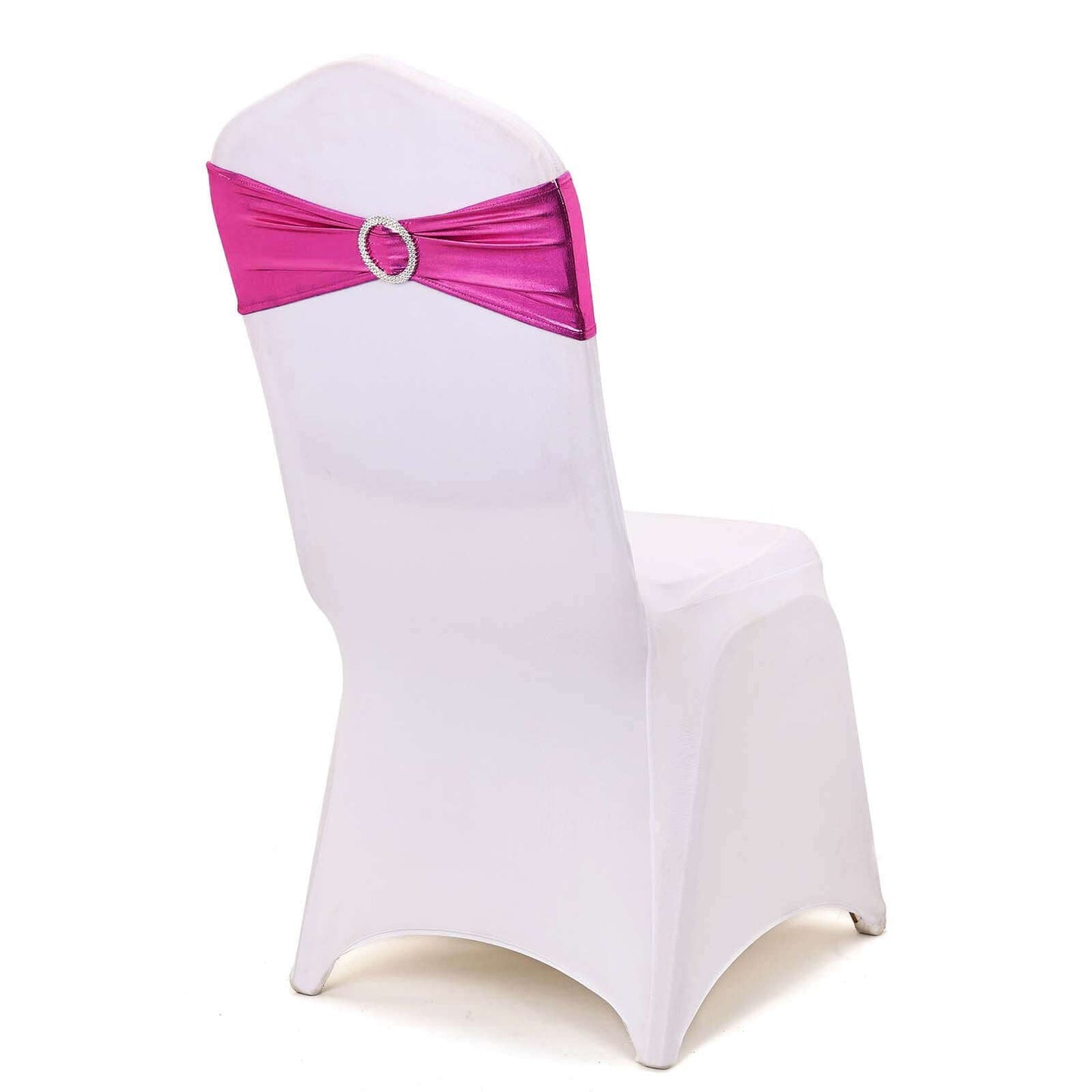 5 Pack Metallic Spandex Chair Sashes Fuchsia - Stretch Fit Chair Bands With Round Diamond Buckles