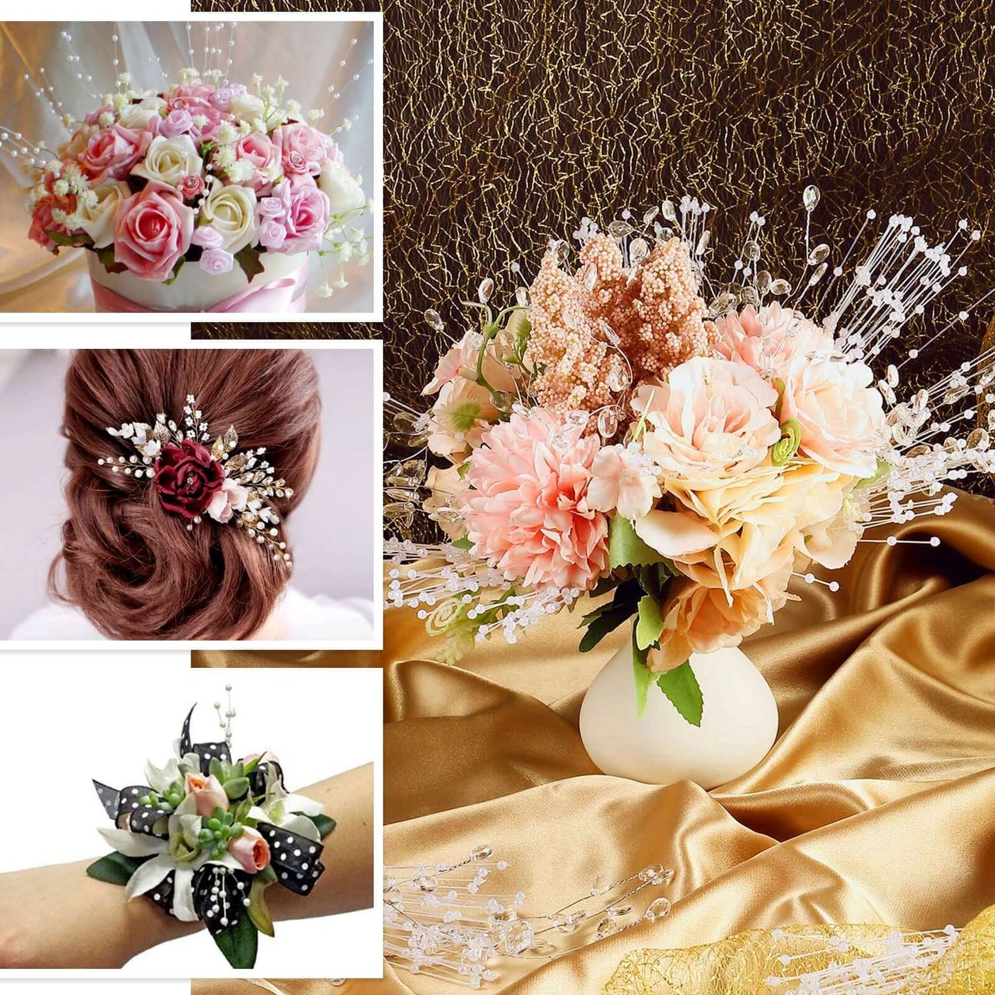 12 Bunches Faux Pearl Bead Spray Vase Fillers in Burgundy - Lustrous DIY Craft Beads 7"