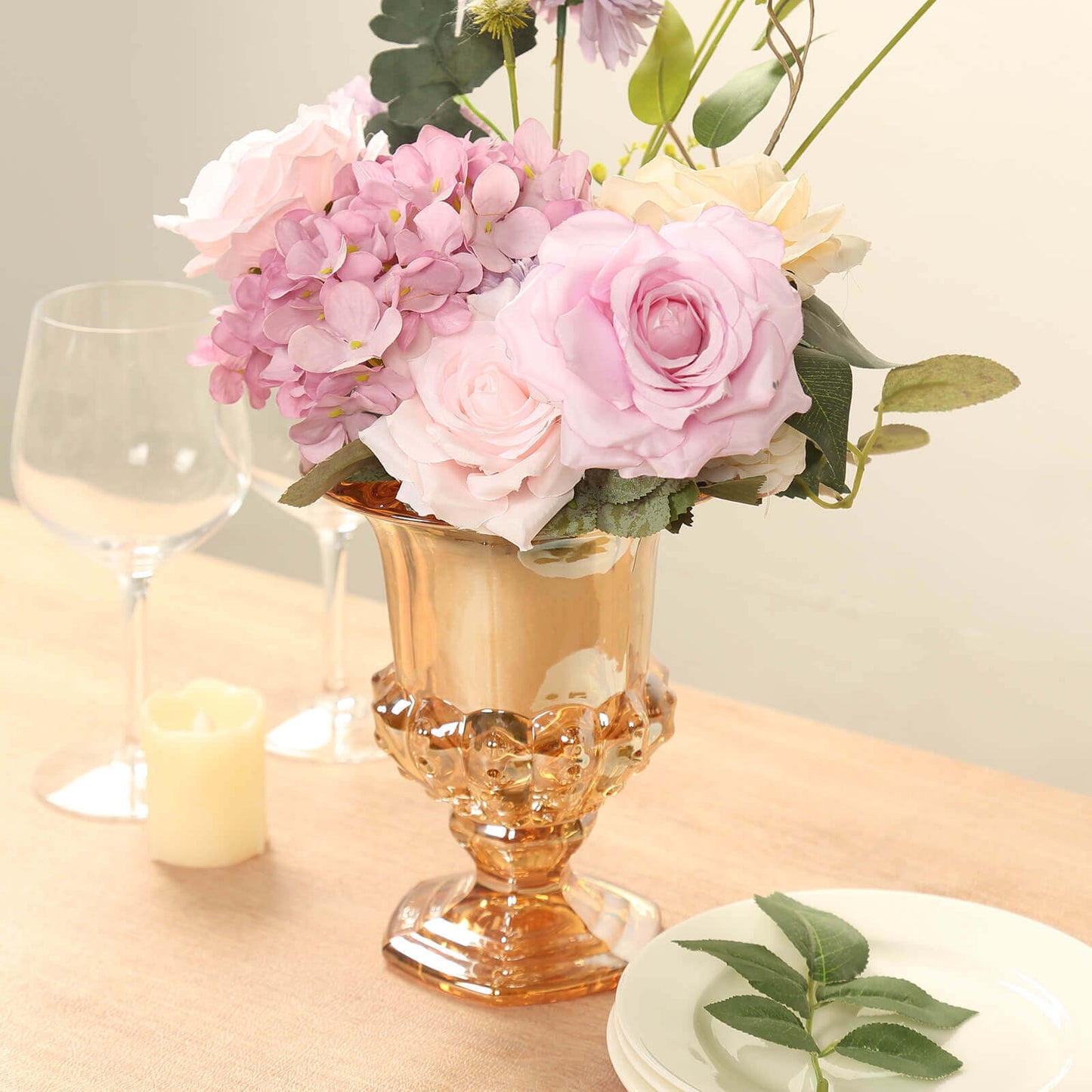 2-Pack Glass Mini Pedestal Flower Vases in Classic Roman Urn Style Amber Gold - Sophisticated Wedding Table Centerpieces 8"