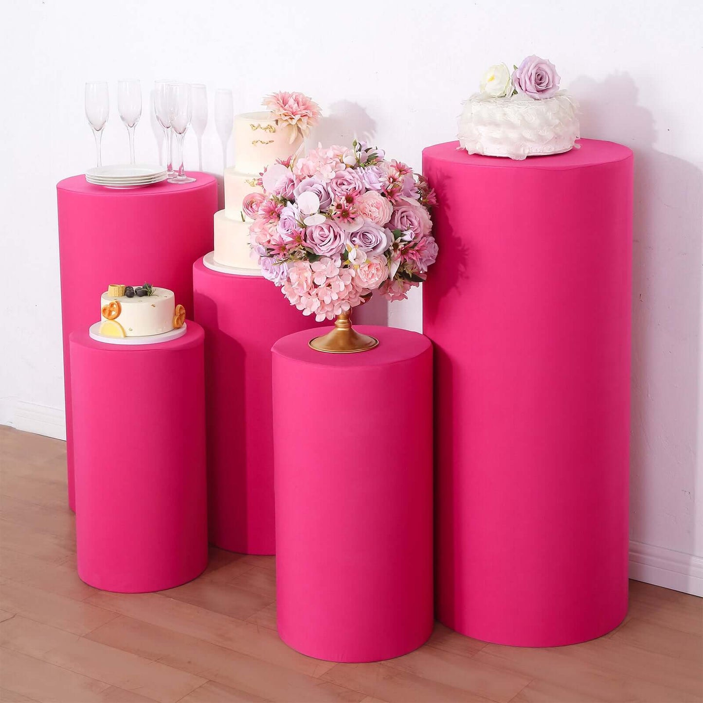 Set of 5 Fuchsia Spandex Cylinder Pedestal Stand Covers, Stretchable Pillar Prop Covers - 160 GSM