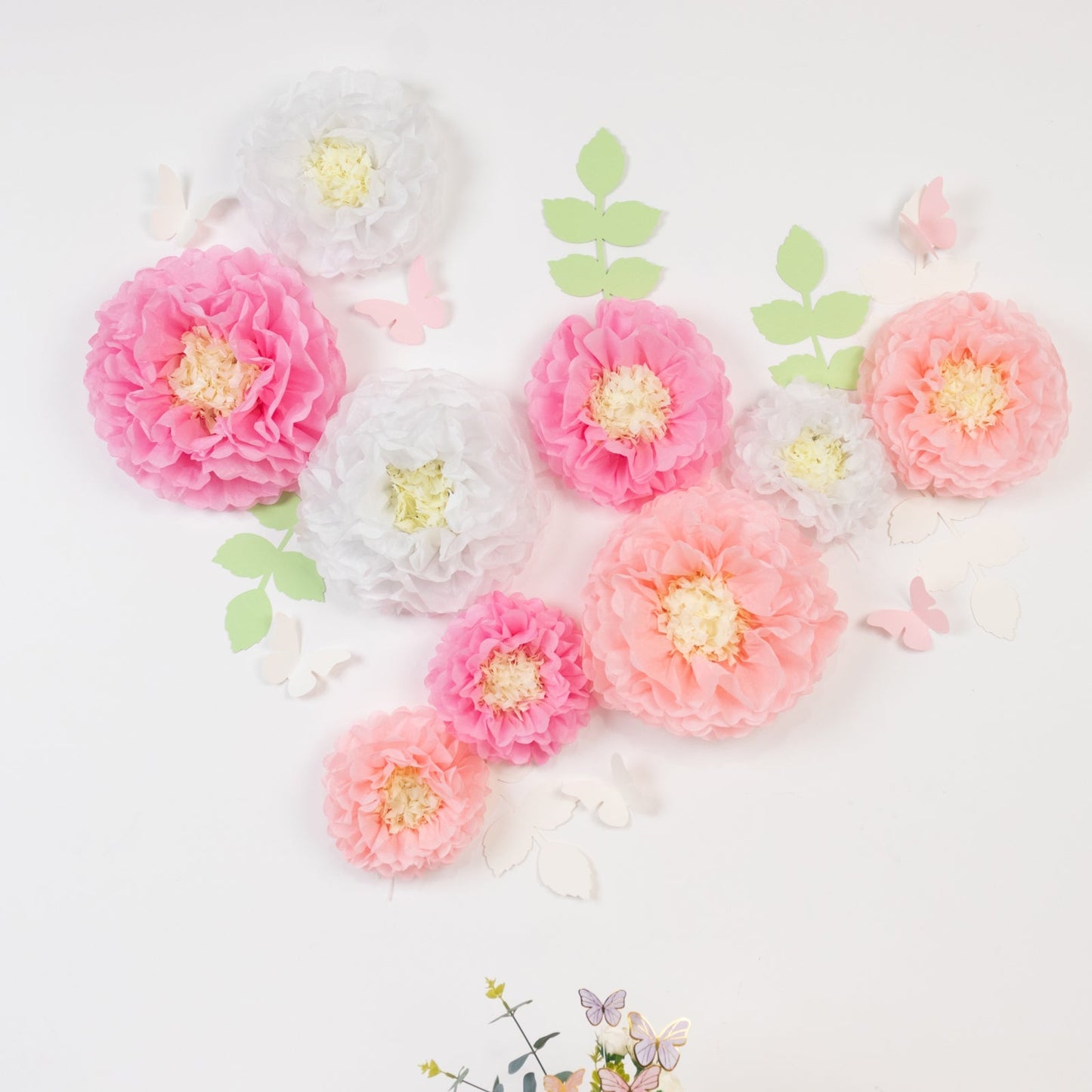 Set of 21 Tissue Paper Flowers Pom Poms Decor Kit â€“ White Pink 3D Chrysanth Floral Wall Decor with Butterflies & Olive Leaves - 8",10",12"