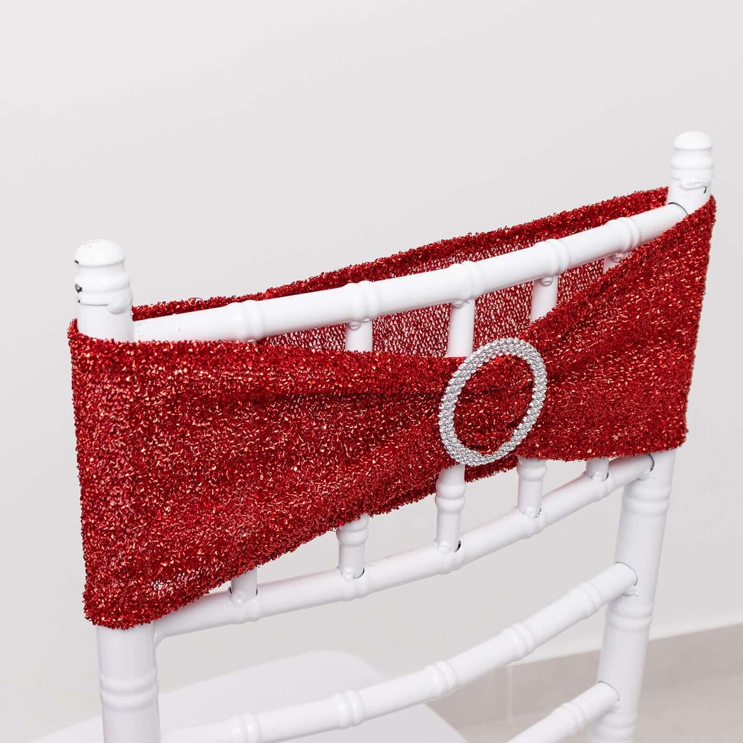 5 Pack Chair Sashes Shimmer Tinsel Spandex 5"x12" with Silver Rhinestone Buckles Red - Stylish Chair Bands
