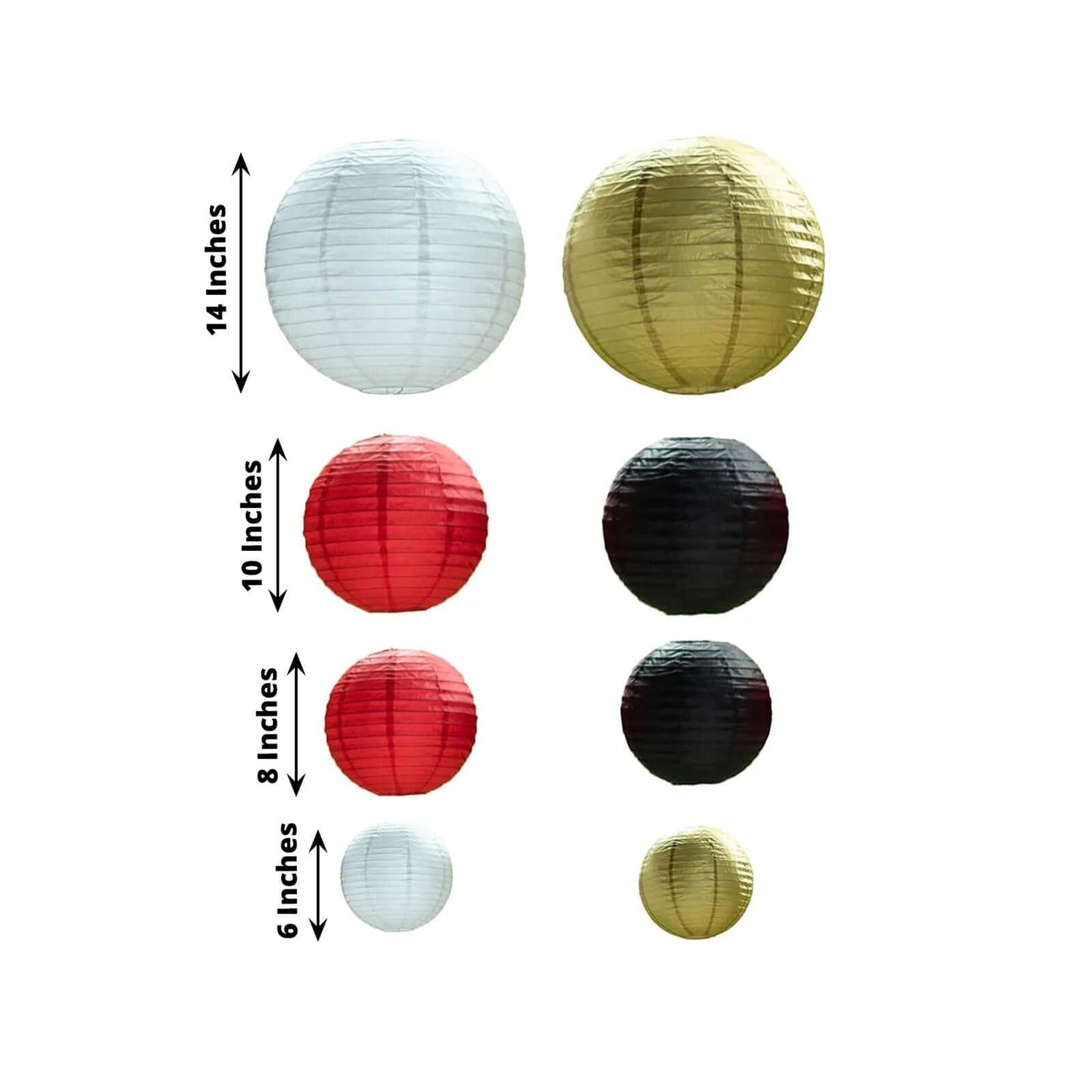 Set of 8 Mixed Red Gold Hanging Paper Lanterns, Decorative Round Chinese Sky Lanterns, Assorted Sizes - 6",8",10",14"