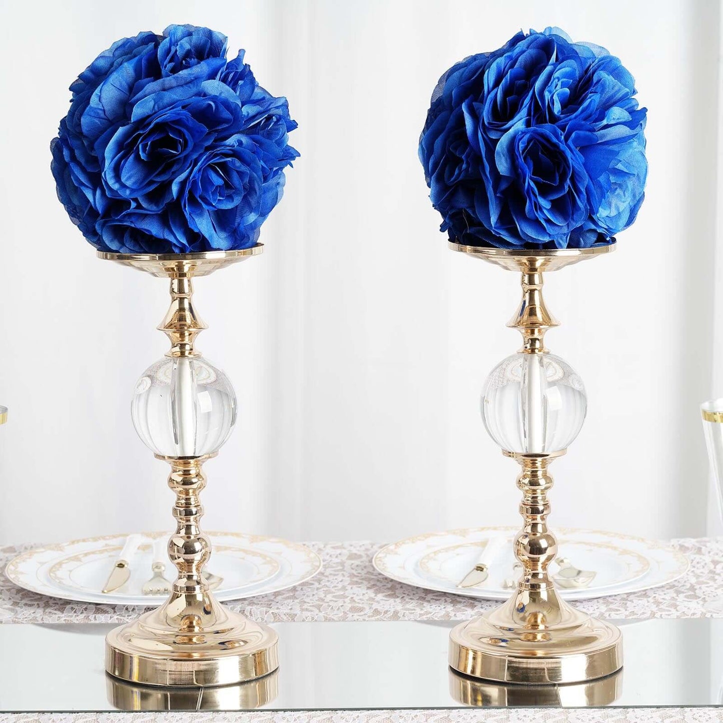 2 Pack 7" Royal Blue Artificial Silk Rose Kissing Ball, Faux Flower Ball
