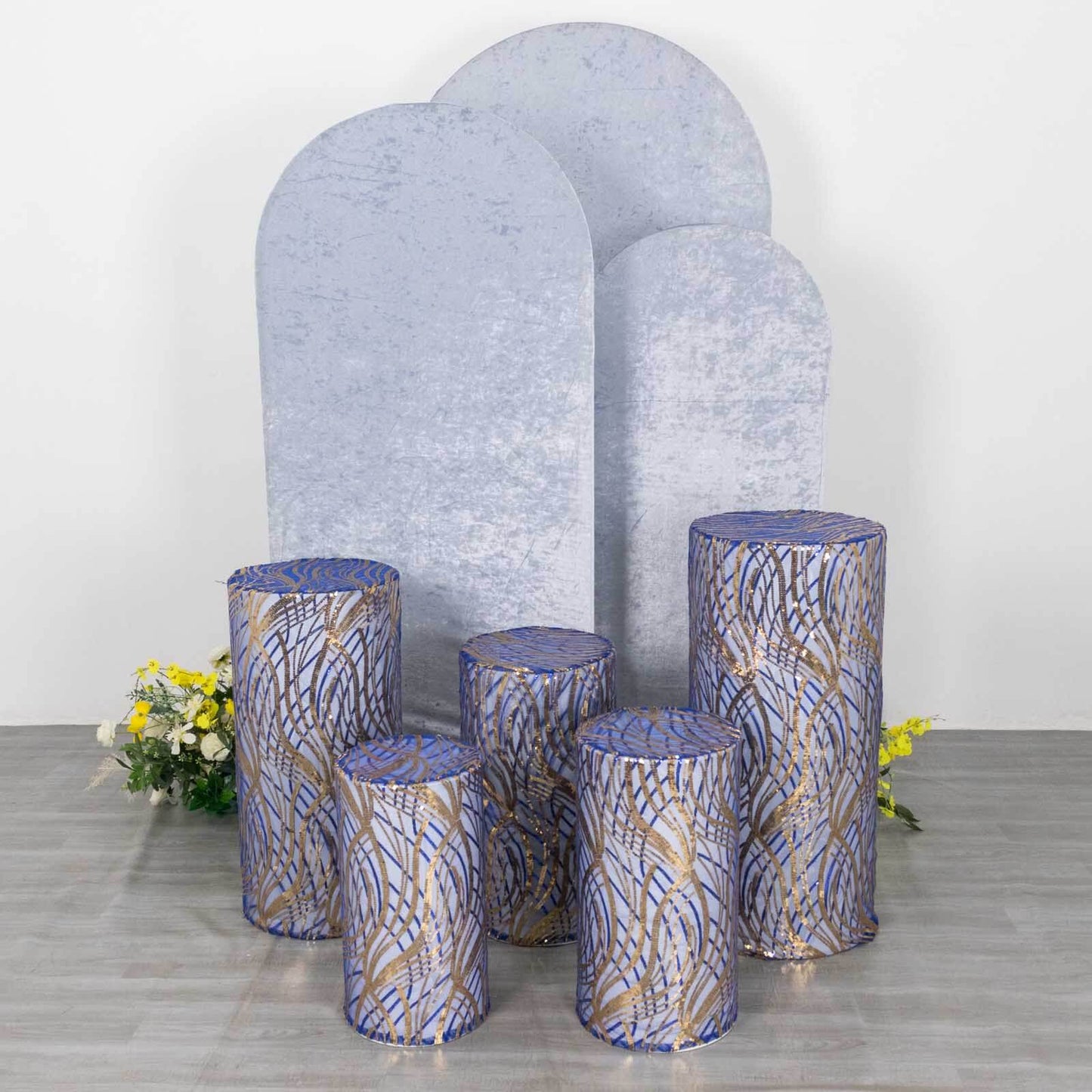 Set of 5 Royal Blue Wave Mesh Cylinder Pedestal Stand Covers with Embroidered Sequins, Pillar Prop Covers - 160 GSM