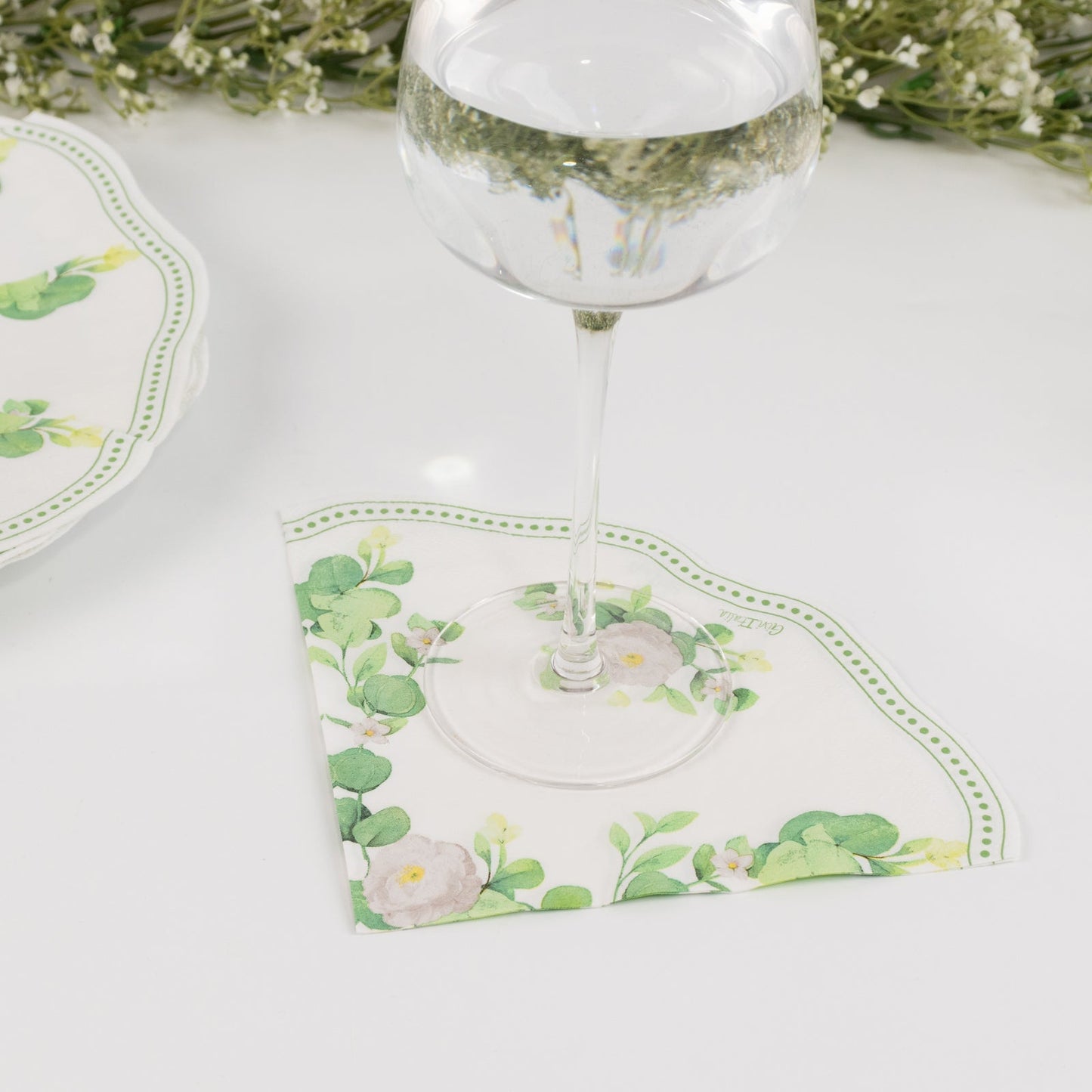 25-Pack Round Paper Cocktail Napkins with Floral Greenery and Scalloped Edge White - Disposable 2 Ply Beverage Napkins 6.25"x6.25"