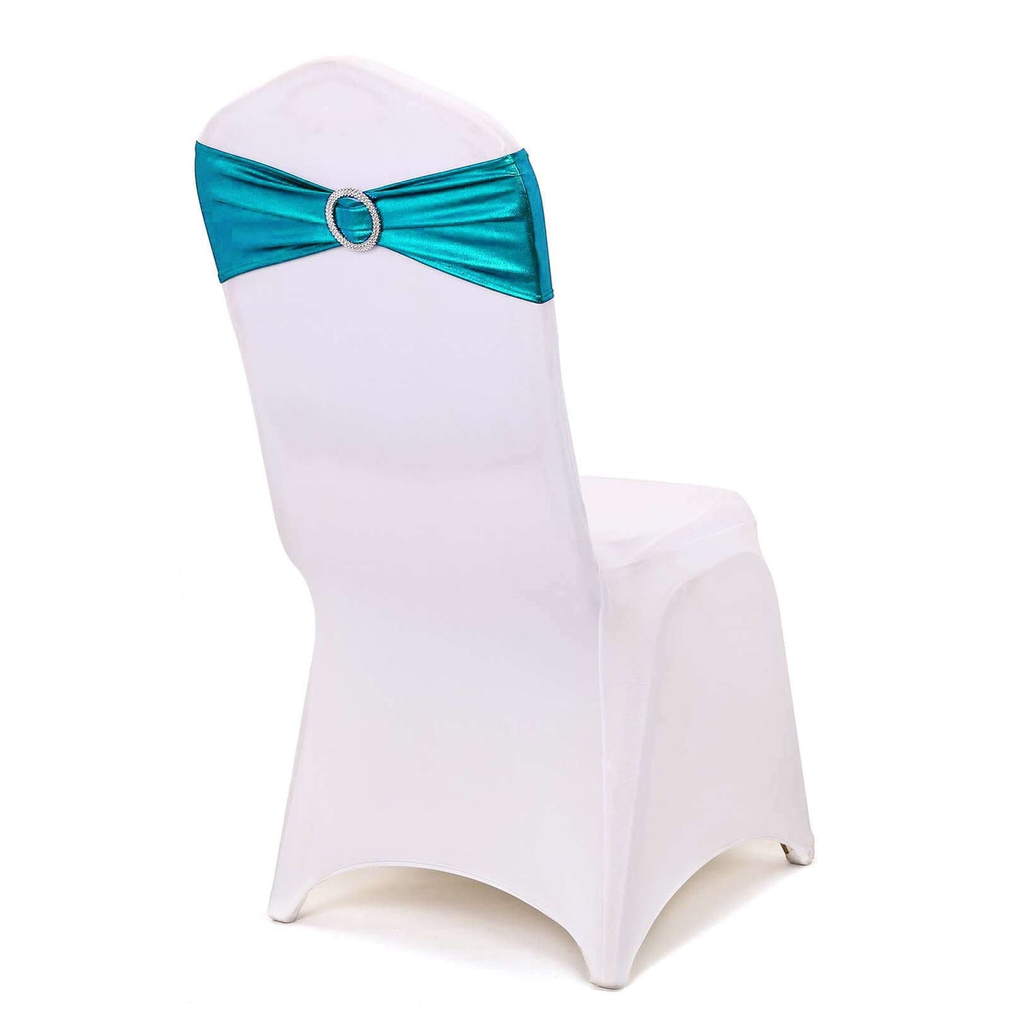 5 Pack Metallic Spandex Chair Sashes Peacock Teal - Stretch Fit Chair Bands With Round Diamond Buckles