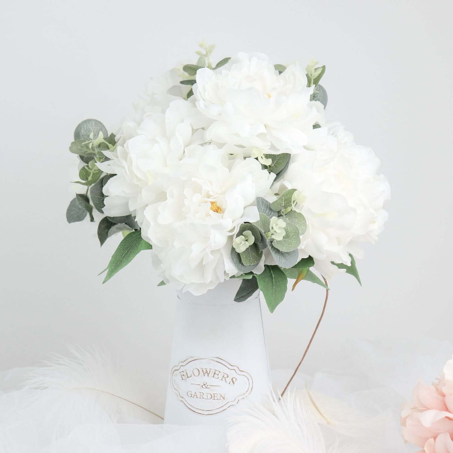 2 Bushes 17" White Artificial Silk Peony Flower Bouquets, Real Touch Peonies Spray