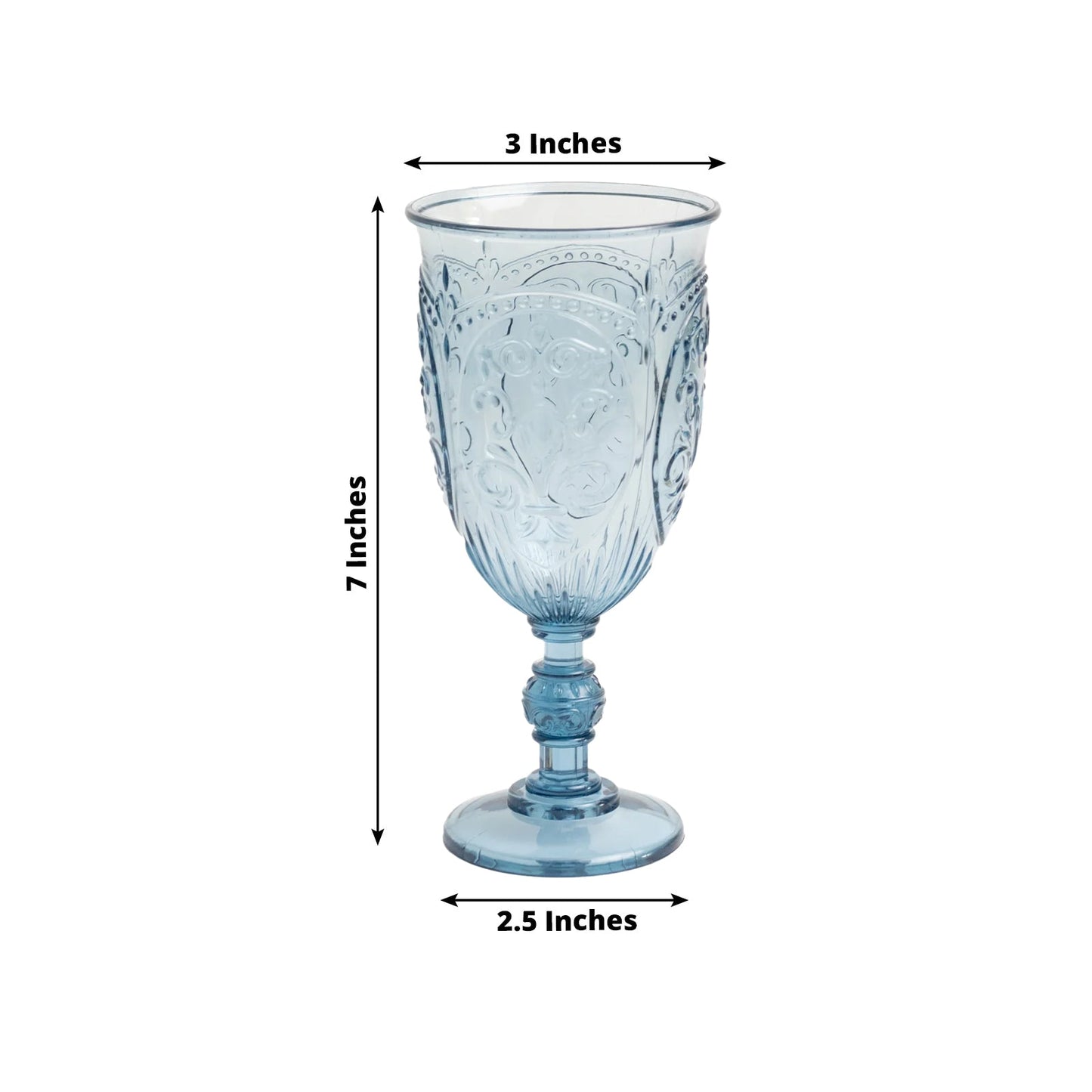24-Pack Plastic Wine Glasses 10oz â€“ Transparent Dusty Blue Vintage Goblets with Retro Embossed Design, Elegant Drinkware - 7" Tall