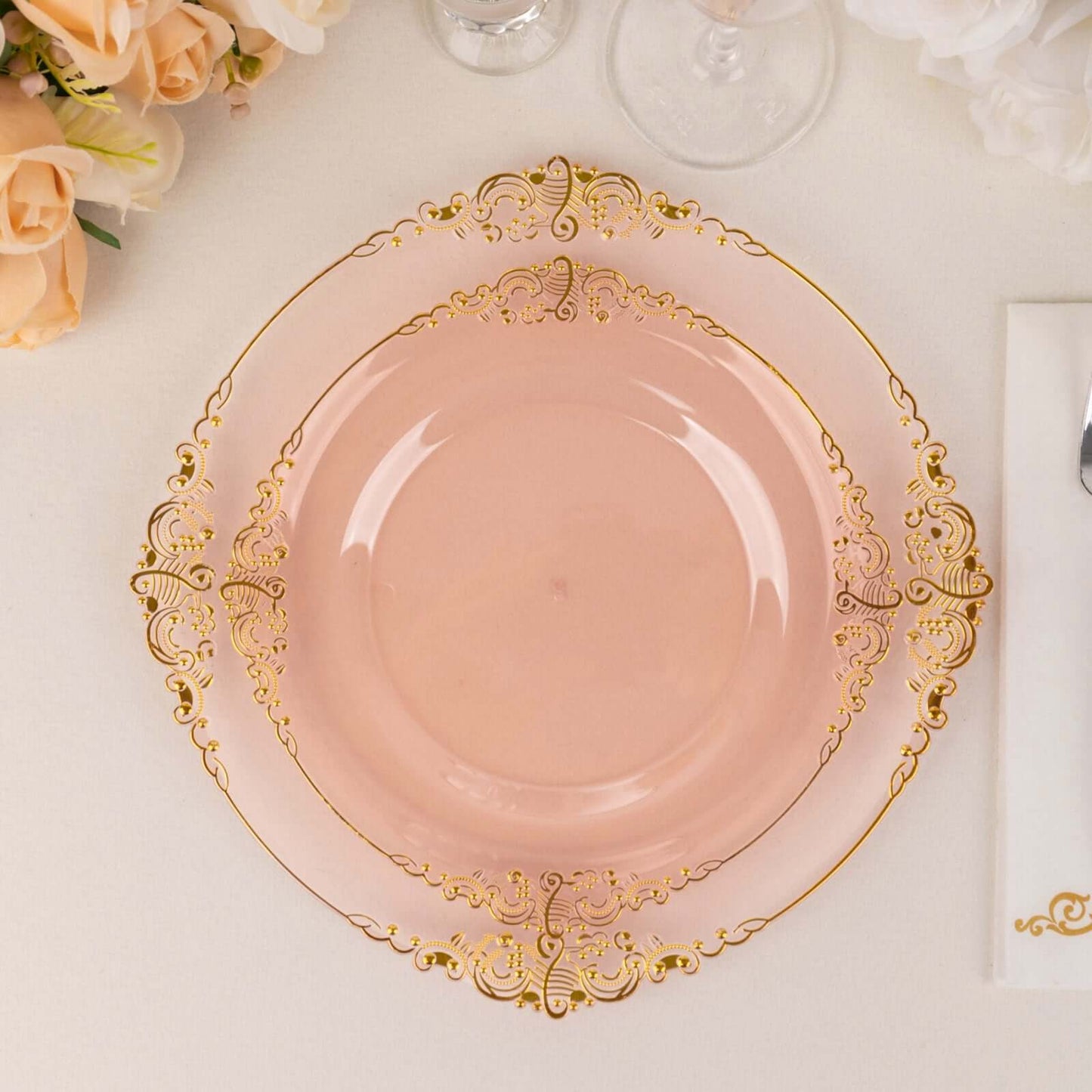 10-Pack Plastic 8" Round Dessert Plates in Transparent Blush with Gold Leaf Embossed Rim - Disposable Vintage Baroque Style Salad Plates