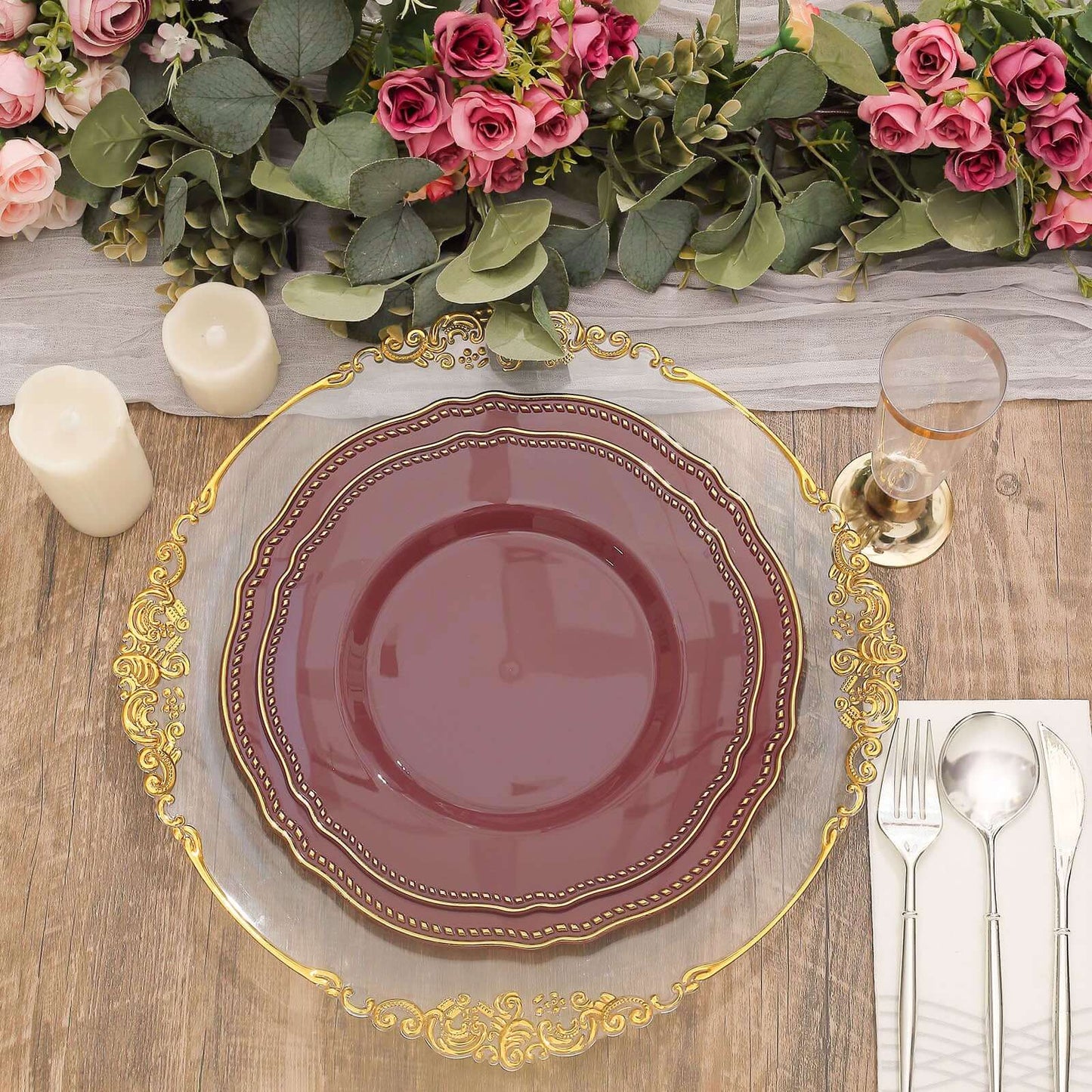 10-Pack Plastic 10" Dinner Plates in Cinnamon Rose with Gold Scalloped Rim - Disposable Large Party Plates