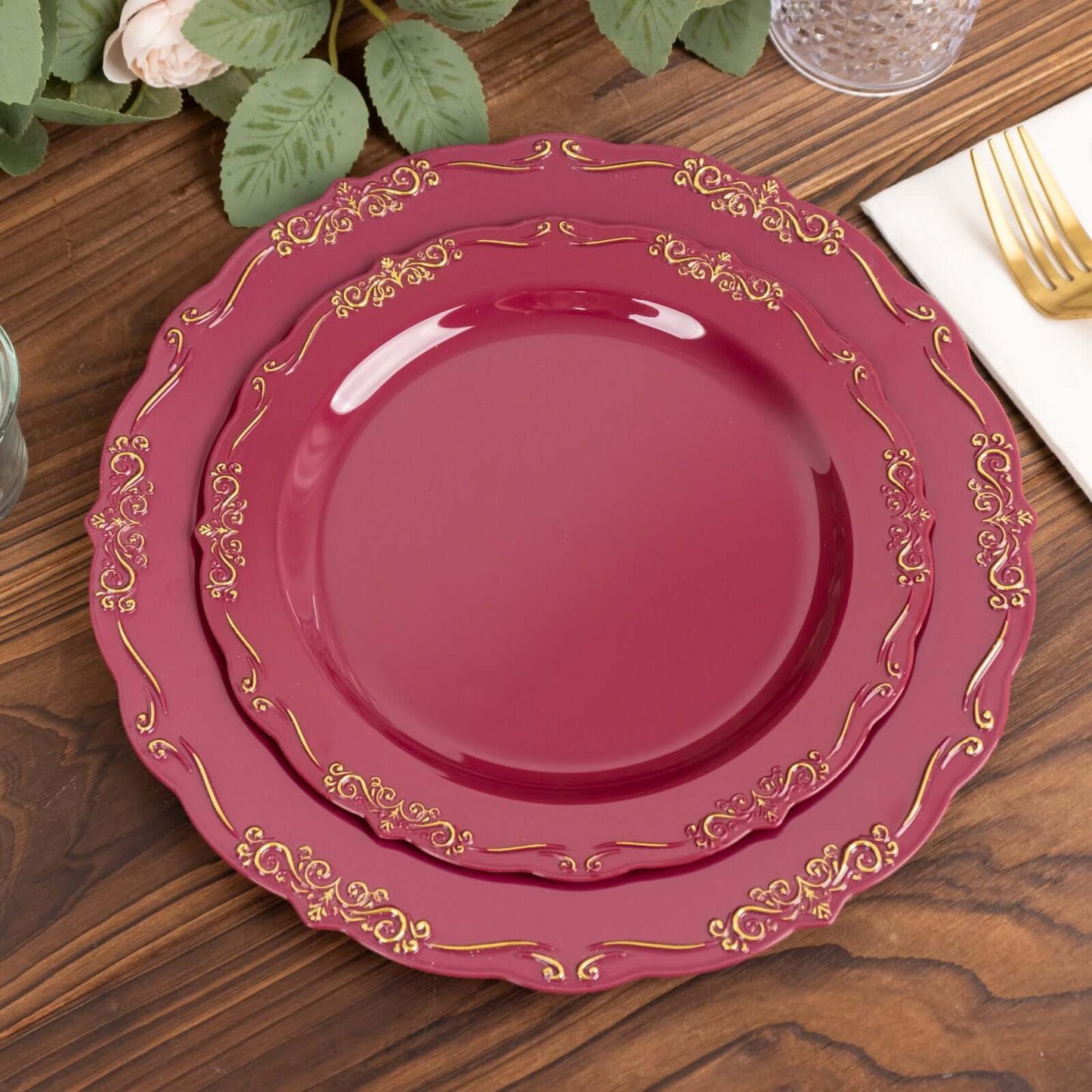 10-Pack Plastic 7" Round Dessert Plates in Burgundy with Gold Vintage Embossed Rim - Sturdy Disposable Scalloped Edge Salad Plates